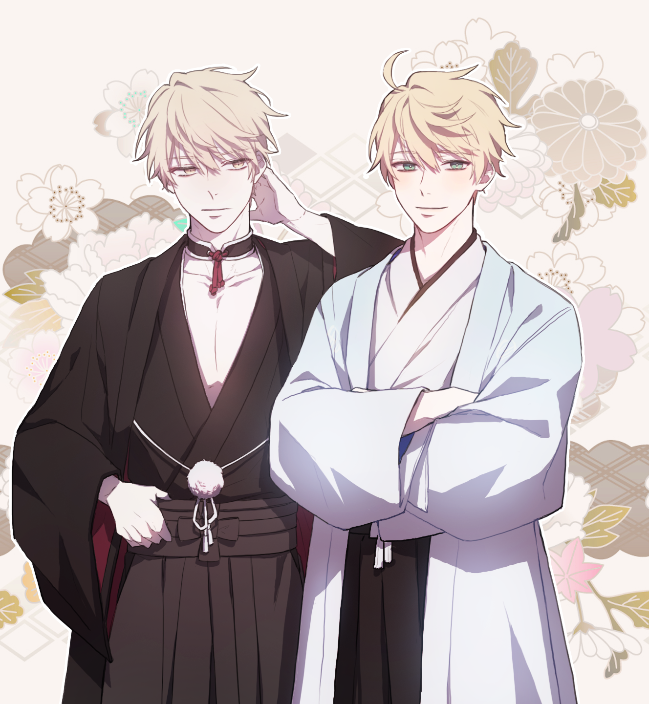 arthur pendragon (fate), arthur pendragon alter (fate), fate/grand order, fate (series), highres, 2boys, ahoge, black choker, black haori, black kimono, black pants, blonde hair, bomya, choker, closed mouth, collarbone, cowboy shot, crossed arms, dual persona, floral background, green eyes, hair between eyes, hakama, hakama pants, half-closed eyes, hand up, hands in opposite sleeves, haori, japanese clothes, kimono, long sleeves, looking at another, looking at viewer, male focus, multiple boys, open clothes, pants, pom pom (clothes), ribbon, short hair, smile, standing, tassel, white haori, white kimono, white ribbon, wide sleeves, yellow background