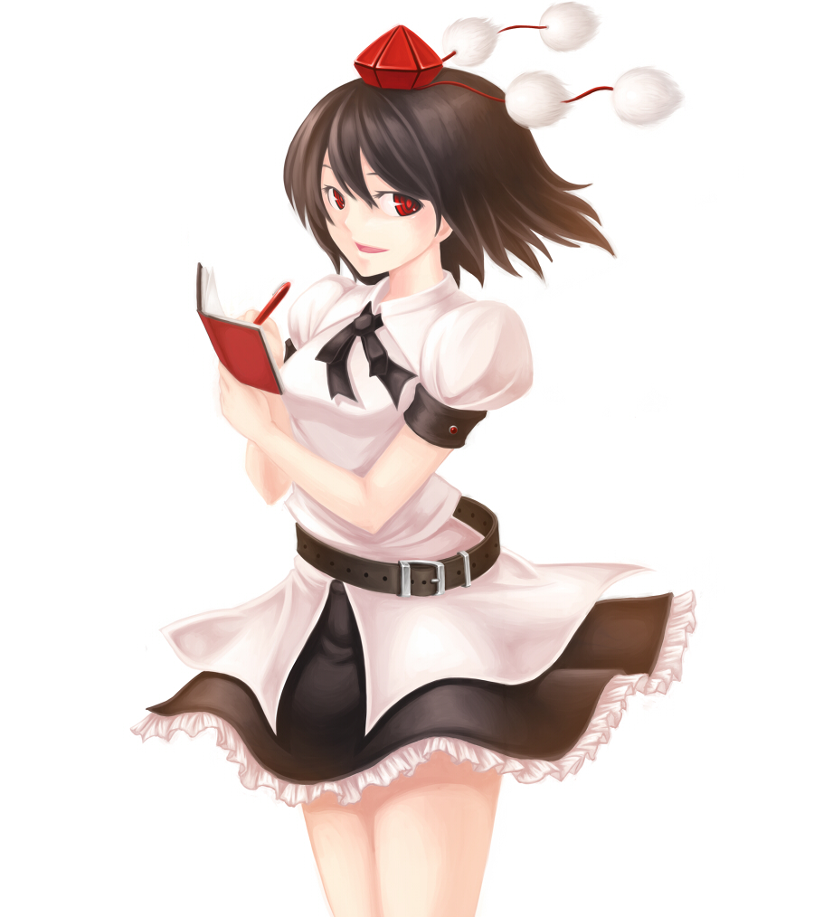 katagi ren, shameimaru aya, touhou, bad id, bad pixiv id, 1girl, black hair, female focus, hat, looking at viewer, open mouth, ribbon, short hair, skirt, solo
