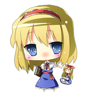 subachi, alice margatroid, shanghai doll, touhou, bad id, bad pixiv id, lowres, 2girls, blonde hair, book, chibi, doll, female focus, full body, multiple girls, short hair, simple background, solo, standing, white background