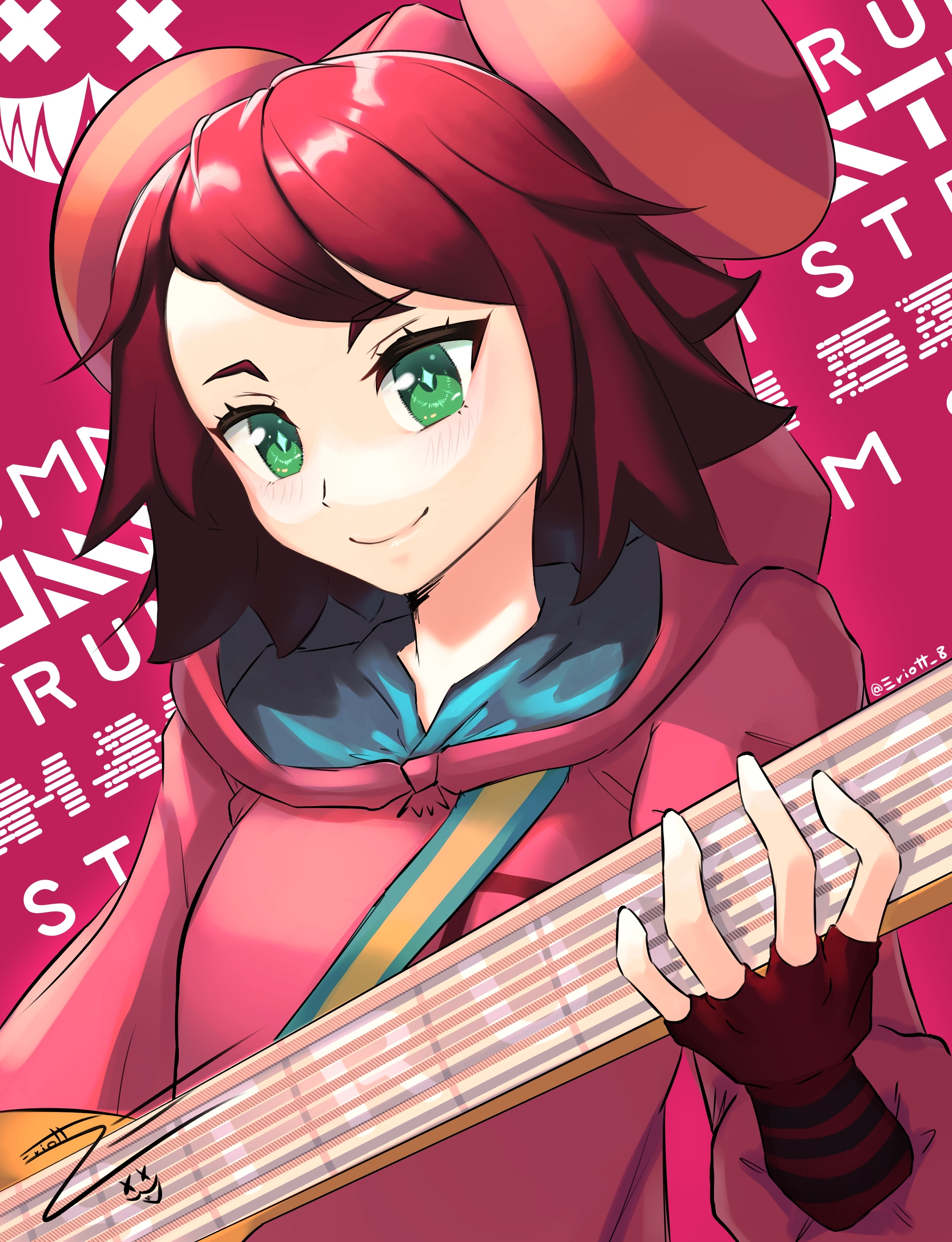 eriott, sonia strumm (mega man), mega man (series), mega man star force (series), absurdres, highres, source request, 1girl, character name, closed mouth, fingerless gloves, gloves, green eyes, guitar, holding, holding guitar, holding instrument, hood, hood up, hoodie, instrument, pink hoodie, red hair, short hair, smile, solo, star-shaped pupils, star (symbol), symbol-shaped pupils, twitter username, upper body