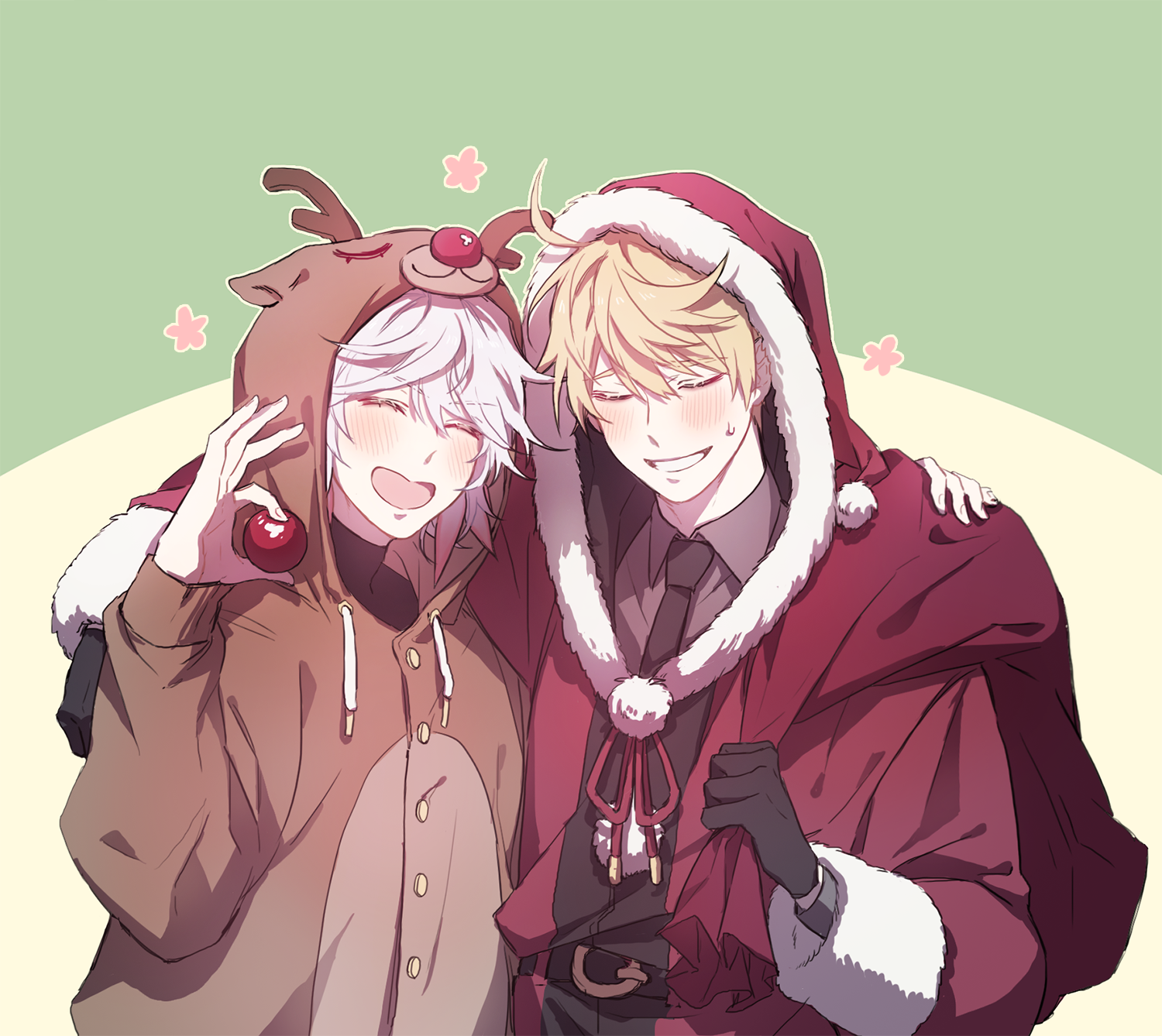 arthur pendragon (fate), fate/grand order, fate (series), character request, highres, 1boy, ahoge, animal ears, antlers, bag, belt, black belt, black gloves, black necktie, blonde hair, blush, bomya, brown shirt, buttons, closed eyes, collared shirt, deer antlers, deer costume, deer ears, fake animal ears, fake antlers, fingernails, flower, fur-trimmed hood, fur-trimmed sleeves, fur trim, gift bag, gloves, green background, hair between eyes, hand on another's shoulder, hand up, holding, holding bag, hood, hooded jacket, horns, jacket, long sleeves, necktie, open mouth, pink flower, puffy long sleeves, puffy sleeves, red bag, red jacket, shirt, short hair, smile, sweatdrop, teeth, two-tone background, upper body, v-shaped eyebrows, white shirt, yellow background