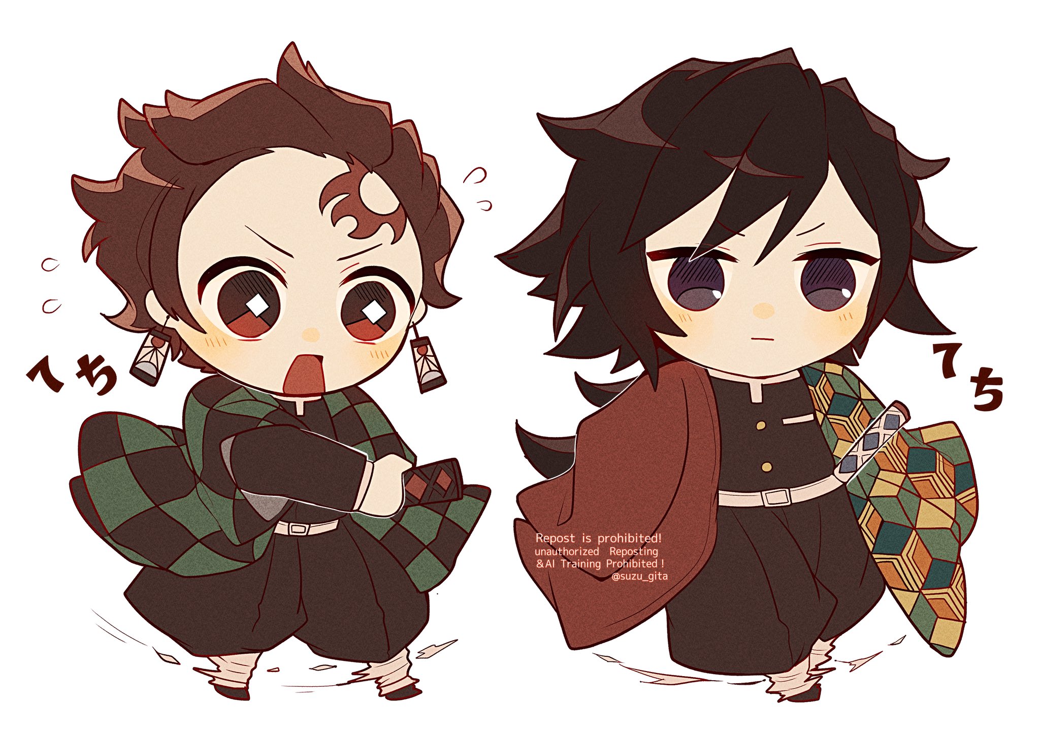 kamado tanjirou, tomioka giyuu, kimetsu no yaiba, highres, 2boys, black hair, black jacket, brown hair, checkered haori, chibi, chibi only, demon slayer uniform, earrings, full body, hanafuda earrings, haori, high collar, holding, holding sword, holding weapon, jacket, japanese clothes, jewelry, katana, kikkoumon, low ponytail, male focus, multiple boys, open mouth, ponytail, print haori, short hair, simple background, spiked hair, suzu gita, sword, weapon, white background
