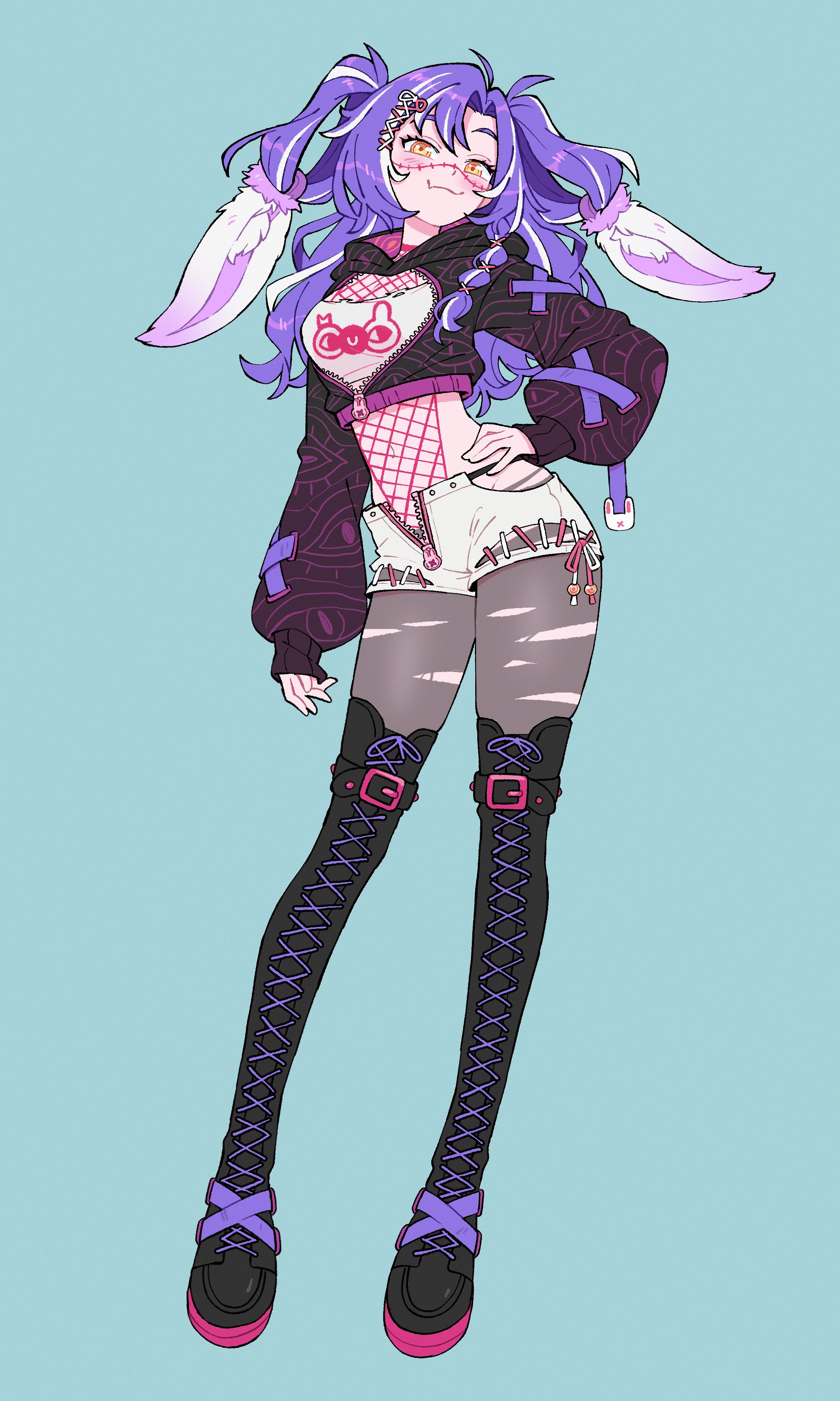 doodlelotl, michi mochievee, indie virtual youtuber, absurdres, commentary, english commentary, highres, 1girl, alternate costume, arm at side, black boots, black jacket, boots, breasts, contrapposto, cropped jacket, fang, full body, grey background, hair between eyes, hair ornament, hand on own hip, jacket, lace-up boots, long sleeves, looking at viewer, medium breasts, navel, purple hair, rabbit ornament, shoelaces, shorts, skin fang, sleeves past wrists, solo, thigh boots, torn clothes, virtual youtuber, white shorts, yellow eyes, zipper