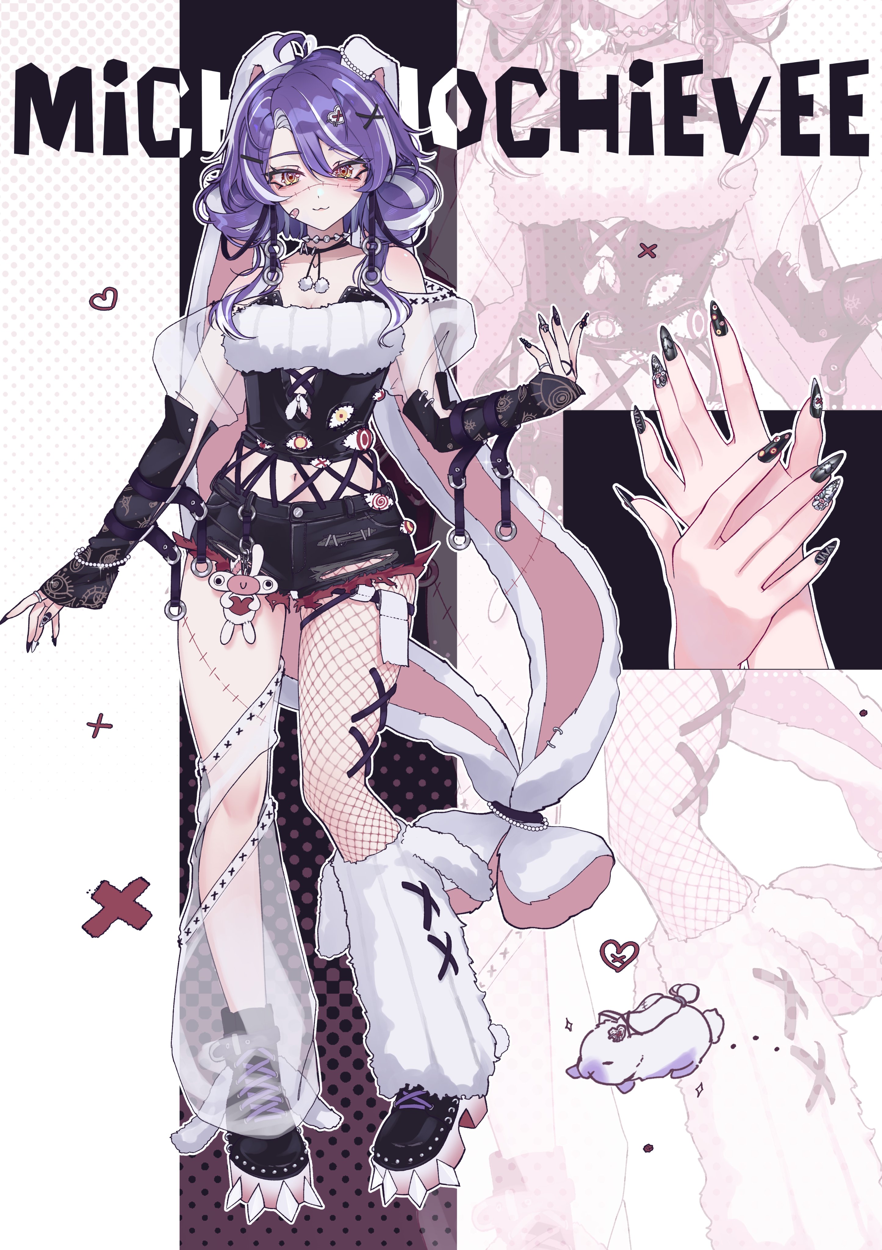 jared (michi mochievee), michi mochievee, indie virtual youtuber, absurdres, commentary, english commentary, highres, 1girl, :3, animal ears, arm at side, bandaid, bandaid on face, black nails, black shoes, blush, breasts, cleavage, closed mouth, fingernails, fishnet thighhighs, fishnets, full body, hair between eyes, hair bun, hair ornament, heart, heart hair ornament, looking at viewer, lyria noms, medium breasts, navel, purple hair, rabbit, rabbit ears, shoelaces, shoes, single thighhigh, smile, solo, star (symbol), star in eye, stitched face, stitched leg, stitches, symbol in eye, thighhighs, virtual youtuber, white background, white streaks, yellow eyes