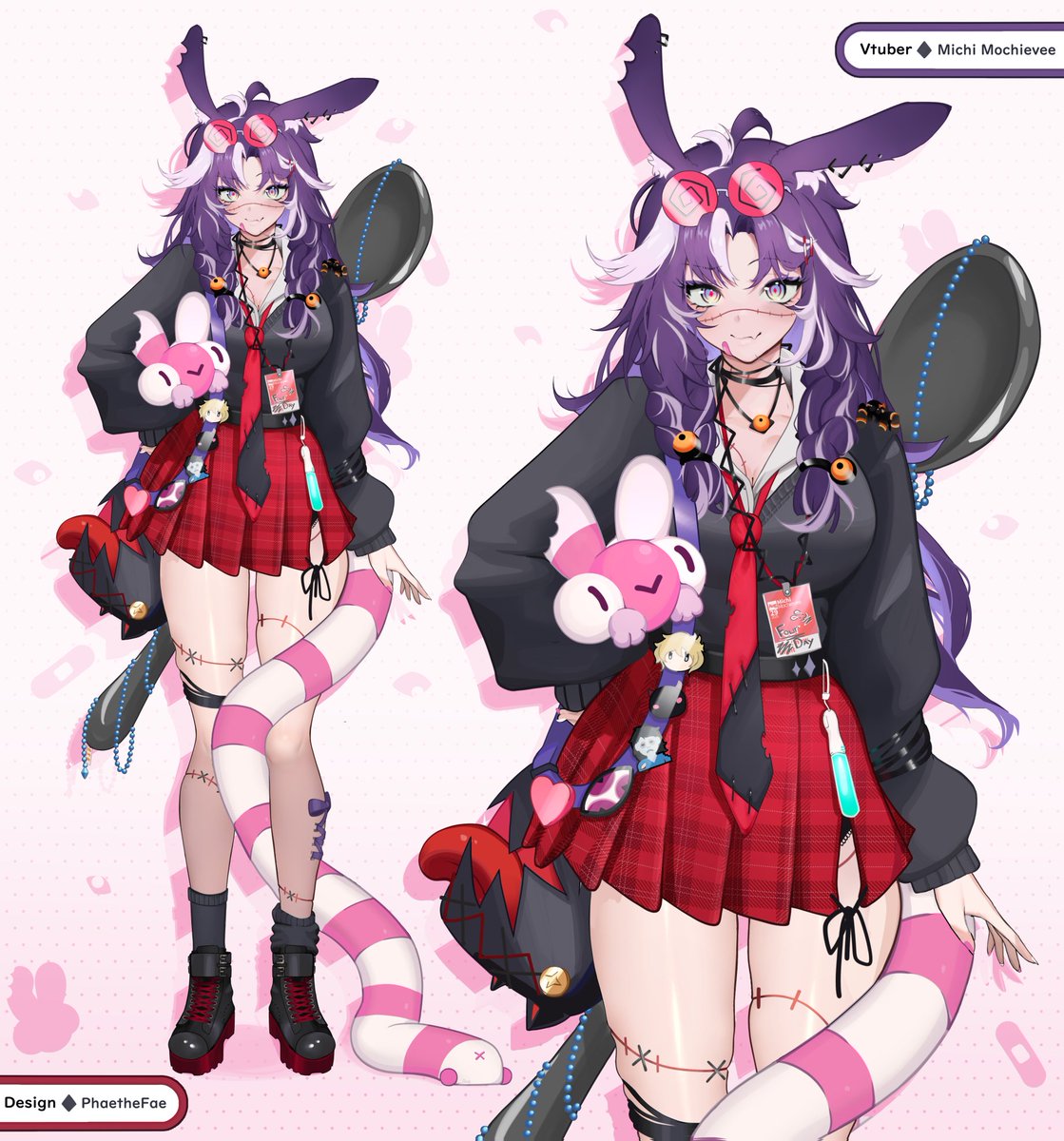 phaethonvt, jared (michi mochievee), michi mochievee, indie virtual youtuber, commentary, english commentary, highres, 1girl, ahoge, alternate costume, animal ears, antenna hair, arm at side, bag, black choker, black necktie, black shirt, black shoes, black socks, braid, breasts, choker, ear piercing, eyewear on head, fang, fingernails, full body, id card, jewelry, large breasts, long sleeves, multicolored eyes, necklace, necktie, oversized object, piercing, pink nails, plaid clothes, plaid skirt, pleated skirt, purple eyes, purple hair, rabbit ears, red necktie, red pupils, shirt, shoelaces, shoes, shoulder bag, skin fang, skirt, smile, socks, solo, spoon, standing, stitched face, stitched leg, stitches, stuffed toy, tail, virtual youtuber, white streaks, yellow eyes, zoom layer