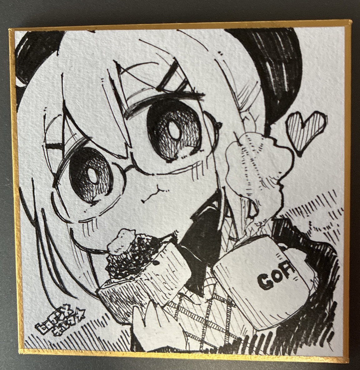 kasuga yuuki, artoria pendragon (fate), mysterious heroine x alter (fate), fate/grand order, fate (series), food request, photo (medium), traditional media, 1girl, :i, beret, chibi, closed mouth, collared shirt, cup, eating, food, glasses, hair between eyes, hair ornament, hairclip, hat, heart, holding, holding food, looking at viewer, mug, shikishi, shirt, solo, sweater vest, wavy mouth