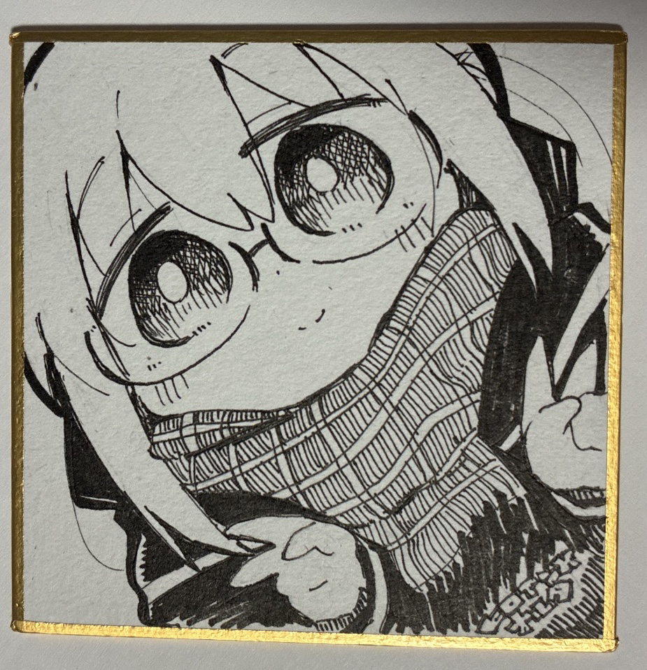 kasuga yuuki, artoria pendragon (fate), mysterious heroine x alter (fate), fate/grand order, fate (series), photo (medium), traditional media, 1girl, chibi, closed mouth, double v, dutch angle, frills, glasses, hair between eyes, hands up, hood, hood down, hooded jacket, jacket, looking at viewer, open clothes, open jacket, plaid clothes, plaid scarf, scarf, shikishi, smile, solo, v