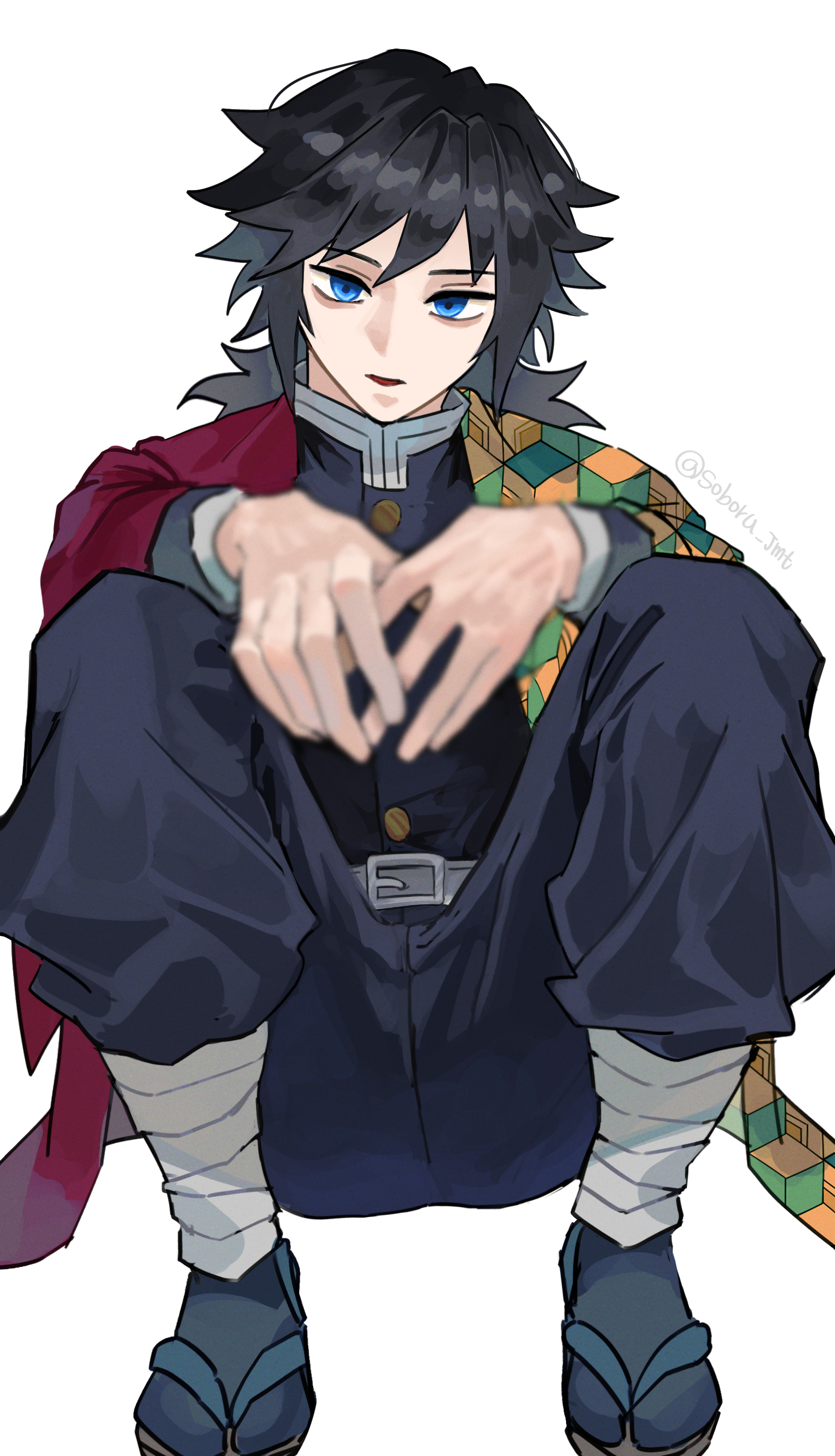 tomioka giyuu, kimetsu no yaiba, absurdres, highres, 1boy, belt, black hair, black jacket, black pants, black socks, blue eyes, buttons, demon slayer uniform, gold buttons, haori, high collar, jacket, japanese clothes, kikkoumon, looking at viewer, low ponytail, male focus, pants, parted lips, ponytail, print haori, red haori, sandals, simple background, sitting, soboru jmt, socks, solo, spiked hair, white background, white belt