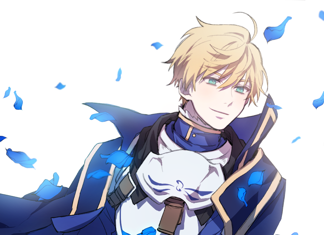 arthur pendragon (fate), fate/grand order, fate (series), 1boy, ahoge, armor, belt, blonde hair, blue cape, bomya, brown belt, cape, closed mouth, floating cape, floral print, full armor, green eyes, hair between eyes, looking to the side, male focus, petals, short hair, shoulder armor, simple background, smile, solo, upper body, v-shaped eyebrows, white armor, white background, yellow pupils