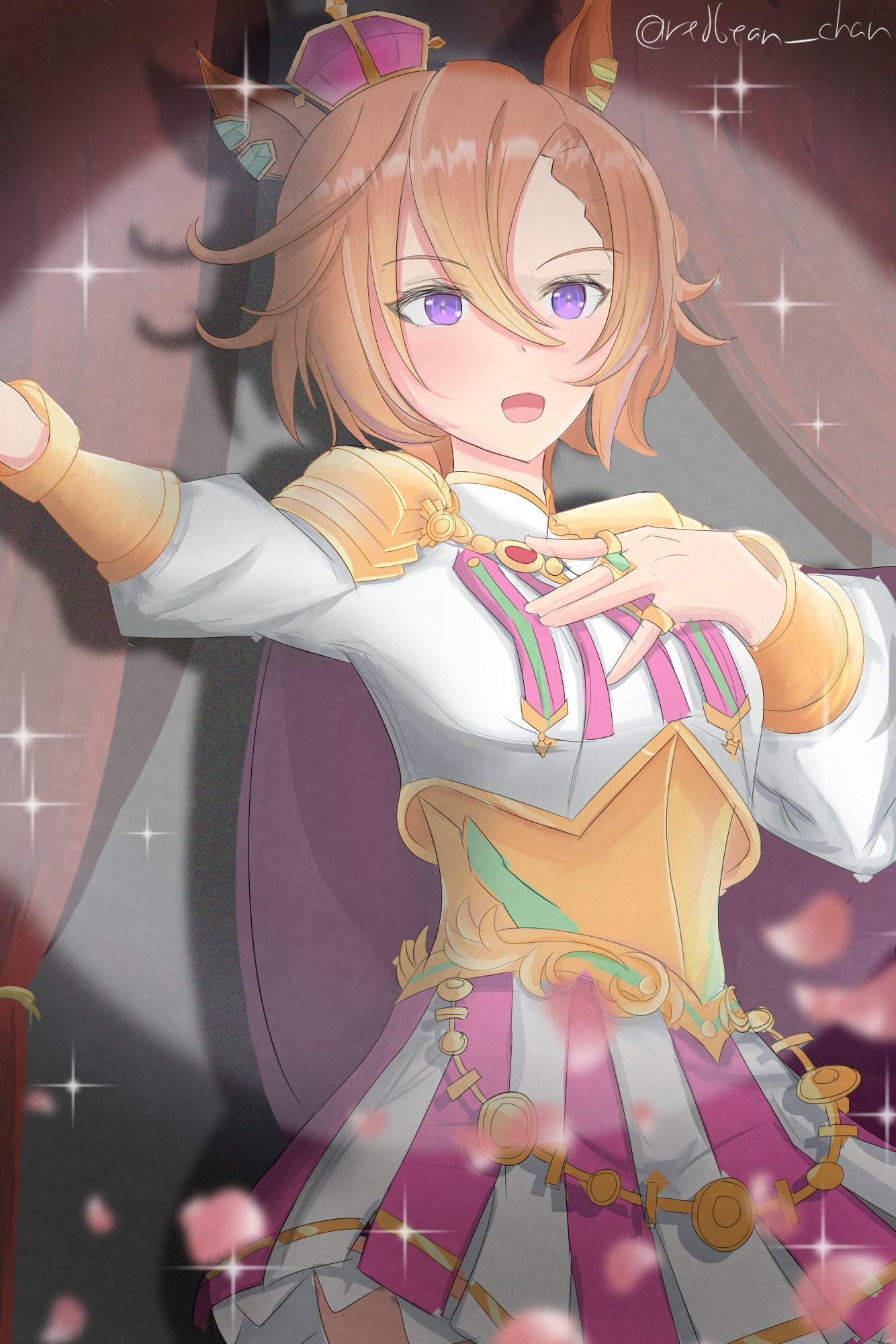 t.m. opera o (o sole suo!) (umamusume), t.m. opera o (umamusume), umamusume, highres, 1girl, animal ears, armor, blush, breasts, cape, cowboy shot, crown, curtains, ear ornament, ear piercing, gold corset, hair between eyes, hand on own chest, horse ears, horse girl, jewelry, long sleeves, mini crown, multiple rings, open mouth, orange hair, outstretched arm, piercing, pink crown, pink skirt, purple cape, purple eyes, redbean chan, ring, shirt, short hair, shoulder armor, skirt, solo, spotlight, stage, stage lights, two-tone skirt, white shirt, white skirt
