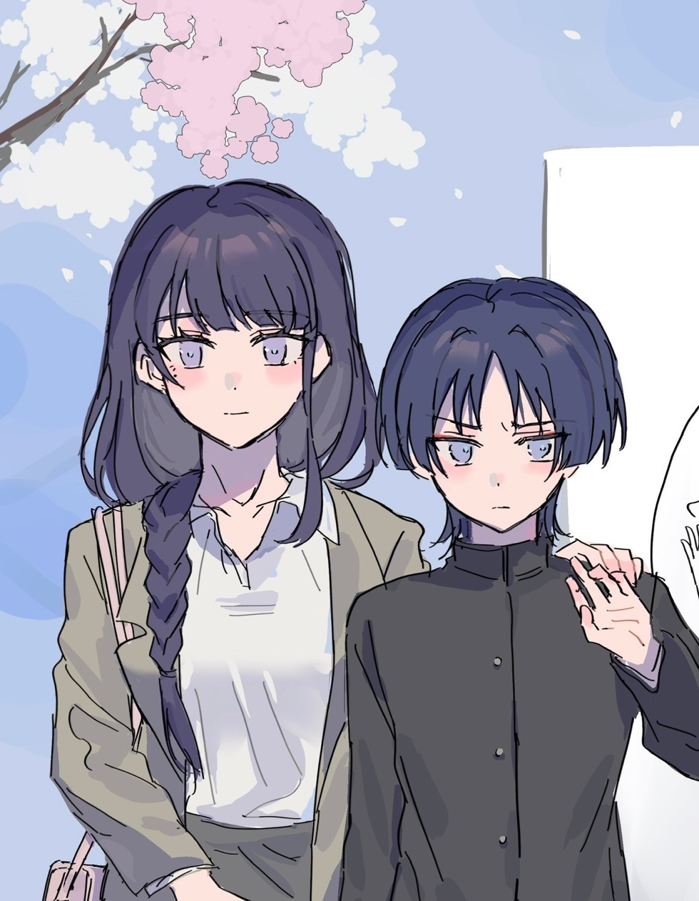 re29656714, raiden shogun, scaramouche (genshin impact), wanderer (genshin impact), genshin impact, highres, 1boy, 1girl, alternate costume, bag, blue eyes, blue hair, blue pupils, blue sky, blunt bangs, braid, cherry blossoms, closed mouth, collarbone, collared jacket, collared shirt, contemporary, formal clothes, hair between eyes, hair over shoulder, handbag, jacket, japanese clothes, light blush, long braid, long hair, long sleeves, looking at viewer, mole, mole under eye, mother and son, multicolored eyes, outdoors, purple eyes, purple hair, school uniform, shirt, short hair, single braid, sky, standing, suit, suit jacket, tree, upper body, waving, white shirt