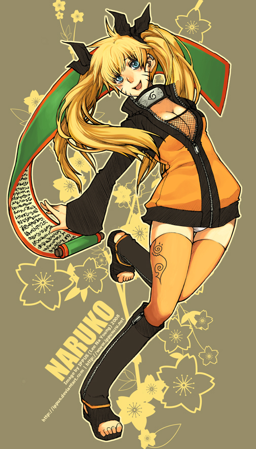 na young lee, naruko (naruto), uzumaki naruto, naruto, blonde hair, blue eyes, fishnets, genderswap, hair tie, legs, long hair, panties, smile, thighhighs, twintails, underwear