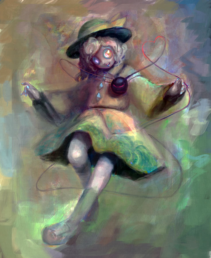 binayu, komeiji koishi, touhou, 1girl, blue eyes, blue nails, colored skin, creepy, female focus, grey hair, grey skin, hat, heart, heart of string, heterochromia, horror (theme), nail polish, red eyes, skirt, solo, sun hat, third eye, wavy hair