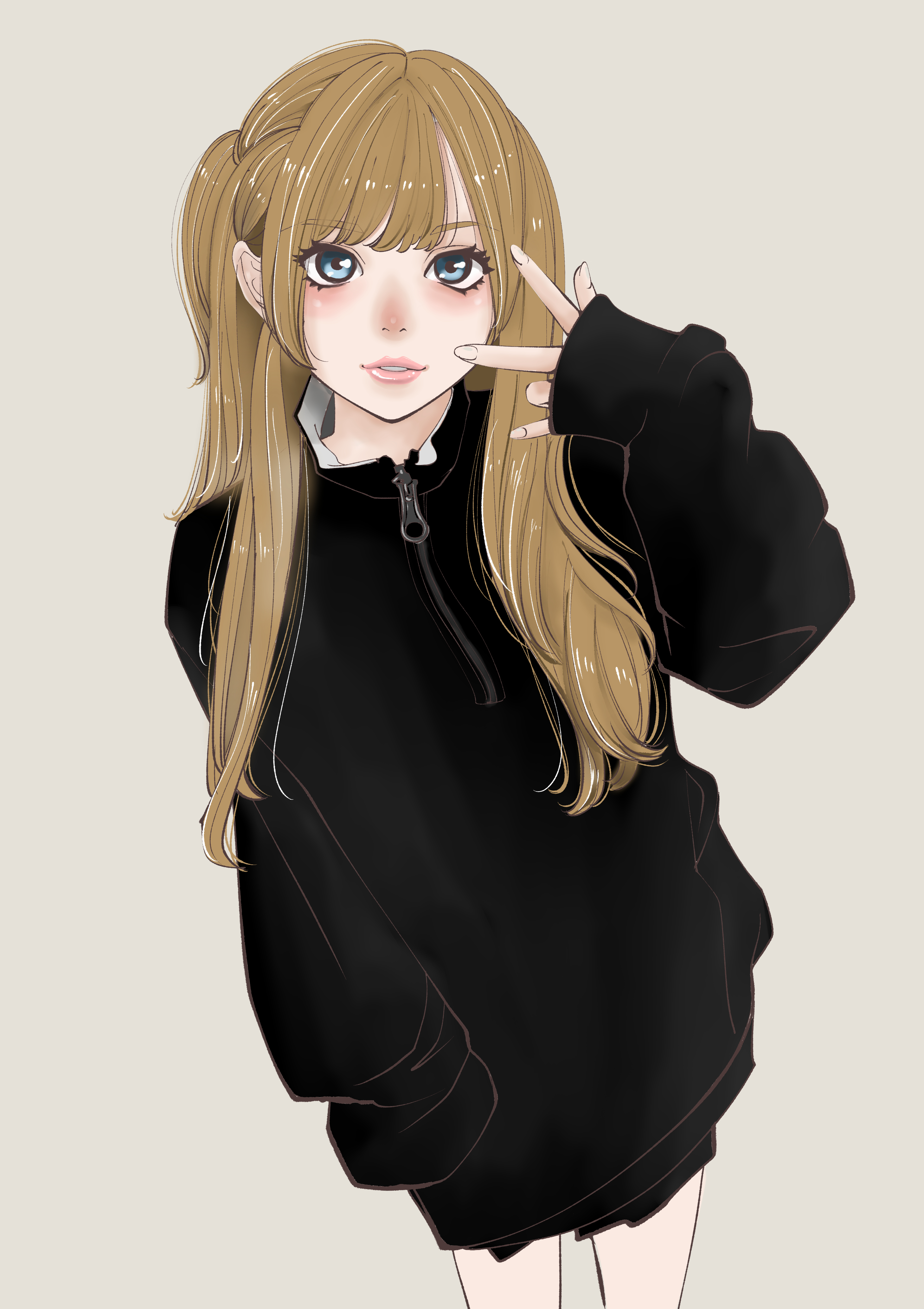sakamoto giulietta, original, absurdres, commentary request, highres, 1girl, black sweater, blue eyes, blush, brown hair, eyes visible through hair, feet out of frame, fingernails, grey background, hand in pocket, hand up, lipstick, long hair, long sleeves, looking at viewer, makeup, parted lips, pink lips, simple background, sleeves past wrists, solo, standing, sweater, swept bangs, v, v over eye, zipper pull tab