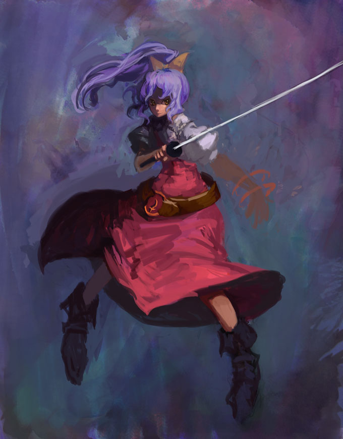 binayu, watatsuki no yorihime, silent sinner in blue, touhou, touhou bougetsushou, 1girl, belt, boots, bow, bracelet, dress, expressionless, female focus, hair bow, high ponytail, jewelry, katana, long hair, long sleeves, looking at viewer, ponytail, purple hair, red dress, shaded face, solo, sword, weapon, yellow bow, yellow eyes