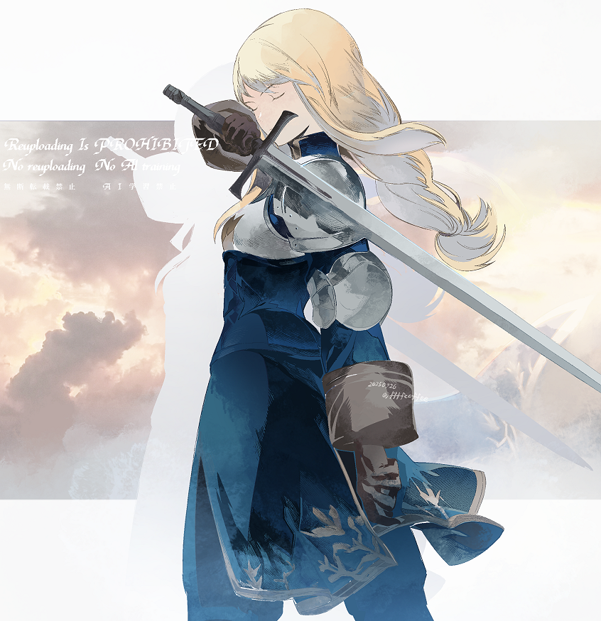 cofffee, agrias oaks, final fantasy, final fantasy tactics, 1girl, armor, blonde hair, blue coat, blue pants, border, braid, breastplate, breasts, brown gloves, closed eyes, coat, cowboy shot, dated, elbow pads, gloves, gold trim, holding, holding sword, holding weapon, letterboxed, long hair, medium breasts, pants, pauldrons, shoulder armor, sidelocks, simple background, single braid, solo, sword, twitter username, weapon, white border