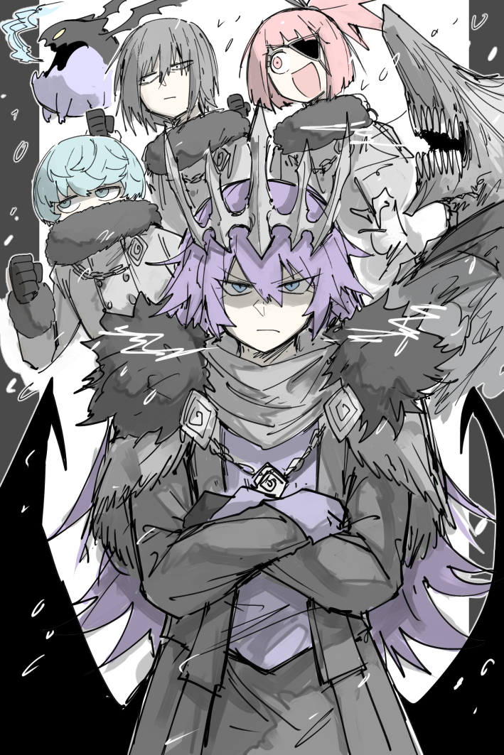 kankan33333, original, 2boys, 2girls, :d, aqua hair, black gloves, blot plot, blue eyes, closed mouth, coat, creature, crossed arms, eyepatch, frown, fur trim, gloves, grey hair, grey scarf, gunbuster pose, jemiru (kankan33333), jewelry, long hair, long sleeves, looking at viewer, monster, multiple boys, multiple girls, open mouth, pendant, pink hair, purple hair, scarf, short hair, sketch, smile, tiara