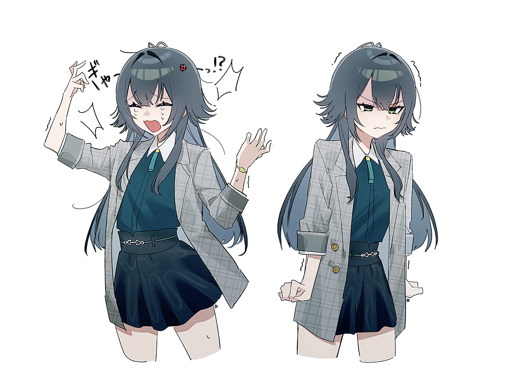 ume (yuuki-110813), tsukimura temari, gakuen idolmaster, idolmaster, commentary request, highres, 1girl, antenna hair, black skirt, clenched hands, coat, cropped legs, glaring, green eyes, green hair, green shirt, grey coat, hair flaps, long hair, looking ahead, multiple views, shaded face, shirt, shirt tucked in, simple background, skirt, tears, thighs, v-shaped eyebrows, very long hair, white background