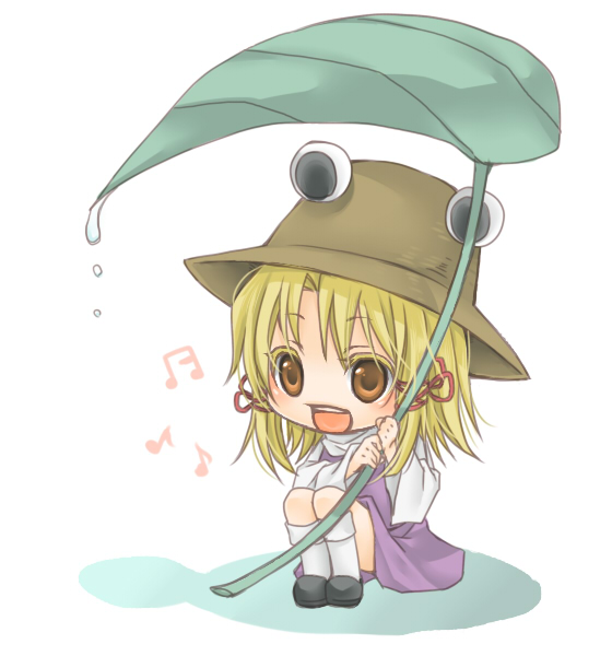 shiratama (mofutto), moriya suwako, touhou, 1girl, beamed quavers, chibi, female focus, full body, hat, musical note, quaver, simple background, skirt, solo, white background