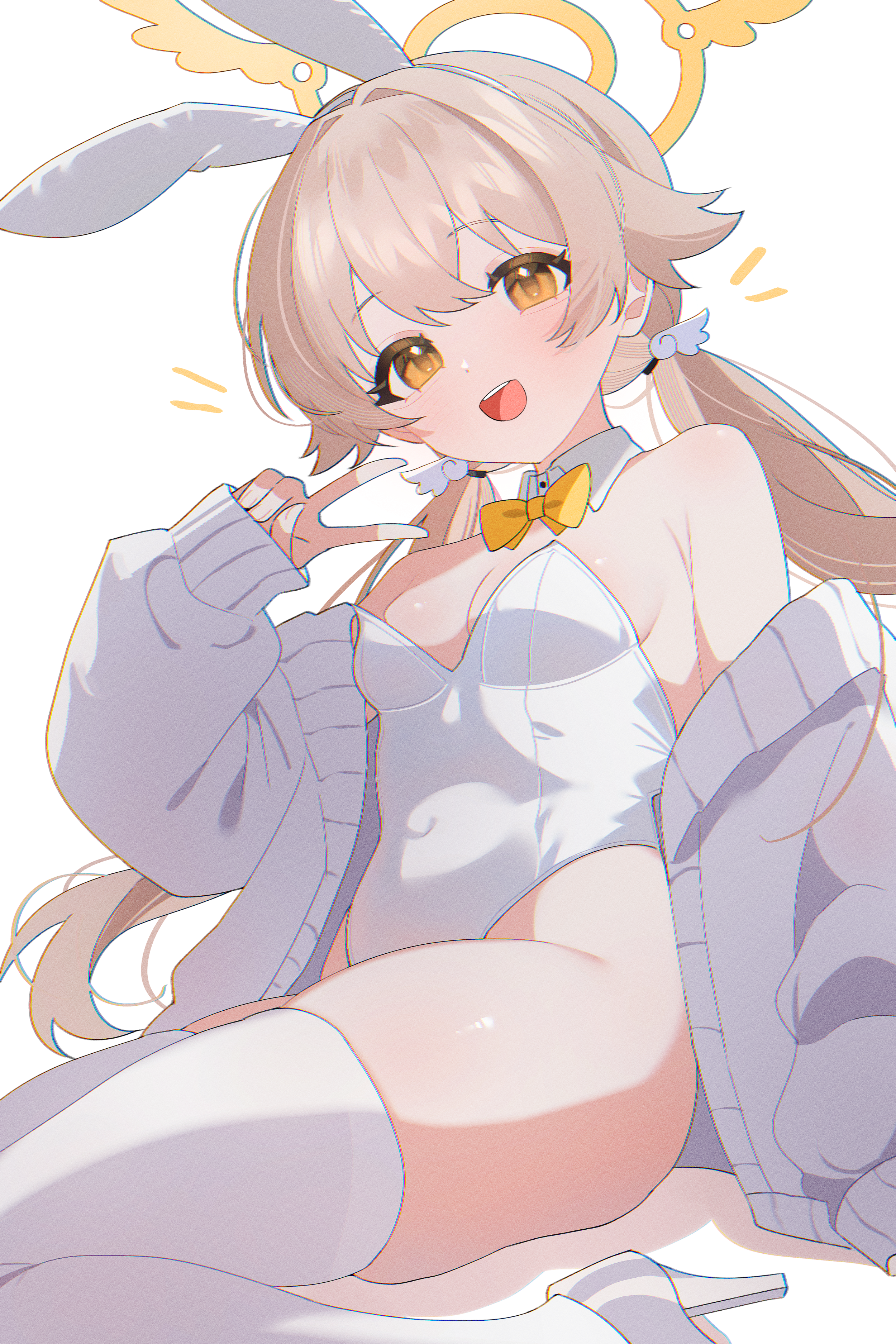 shusuchii, hifumi (blue archive), blue archive, absurdres, commentary, highres, symbol-only commentary, 1girl, :d, animal ear hairband, animal ears, bare shoulders, blonde hair, bow, bowtie, breasts, cardigan, cleavage, covered navel, detached collar, fake animal ears, hair flaps, hairband, halo, hand up, high heels, highleg, highleg leotard, leotard, long hair, looking at viewer, low twintails, off shoulder, open mouth, playboy bunny, rabbit ear hairband, rabbit ears, shoes, simple background, sitting, small breasts, smile, solo, strapless, strapless leotard, thighhighs, twintails, v, very long hair, white background, white cardigan, white leotard, white shoes, white thighhighs, yellow bow, yellow bowtie, yellow eyes, yellow halo