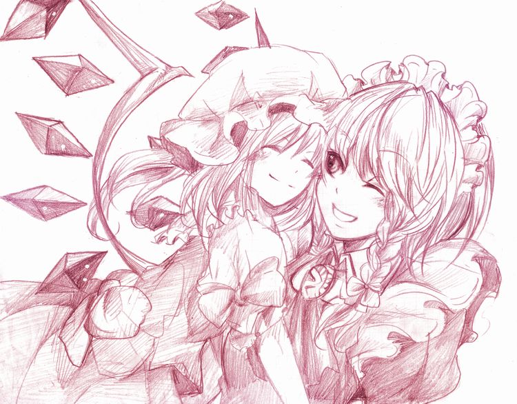 fuji warabi, flandre scarlet, izayoi sakuya, touhou, 2girls, female focus, hug, monochrome, multiple girls, pink theme