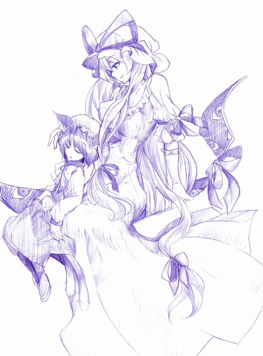 fuji warabi, chen, yakumo yukari, touhou, 2girls, female focus, gap (touhou), hair ribbon, long hair, monochrome, multiple girls, purple theme, ribbon, short hair, sleeping