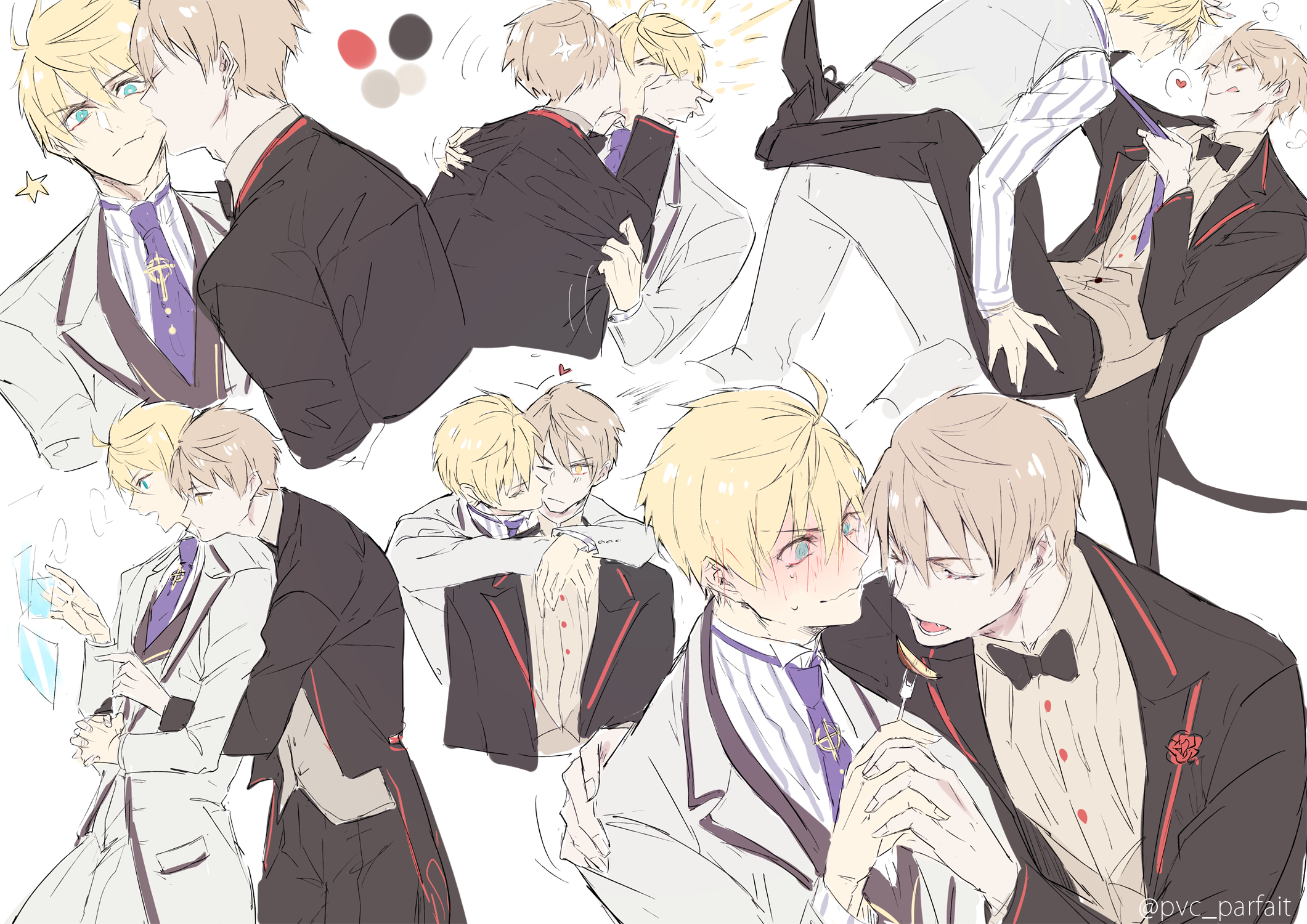 pvc parfait, arthur pendragon (fate), arthur pendragon alter (fate), fate/grand order, fate (series), highres, 2boys, @ @, artist name, biting, black bow, black bowtie, black jacket, black pants, black shoes, blonde hair, blue eyes, blush, bow, bowtie, brown vest, buttons, closed eyes, closed mouth, cowboy shot, dual persona, fangs, fingernails, formal clothes, from behind, hair between eyes, hand on another's back, hand on another's shoulder, hands on another's face, hands up, head on another's shoulder, heart, holding hands, holographic monitor, hug, hug from behind, jacket, kiss, kissing cheek, lapels, leg lock, long sleeves, looking at another, looking at object, male focus, multiple boys, multiple views, necktie, one eye closed, open clothes, open jacket, open mouth, pants, purple necktie, selfcest, shirt, shoes, short hair, simple background, spoken heart, standing, star (symbol), suit, suit jacket, sweat, teeth, tongue, upper body, v-shaped eyebrows, vest, white background, white jacket, white pants, white shirt, white vest, yaoi