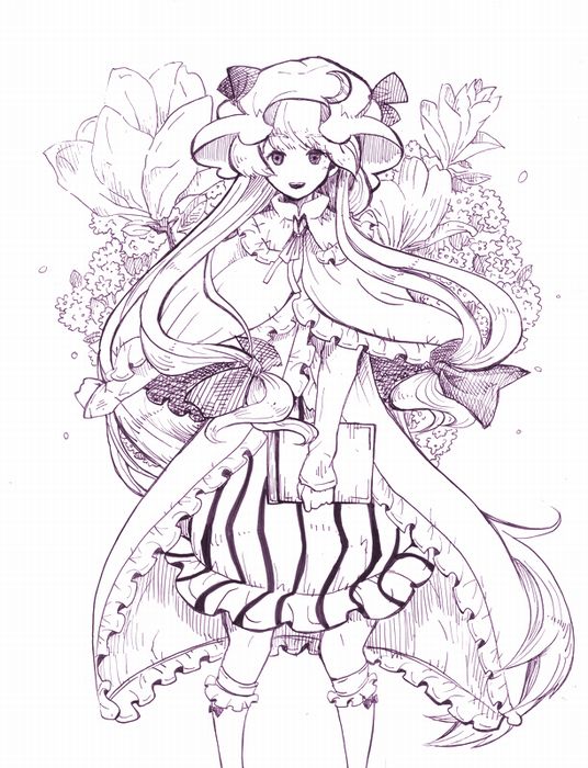 fuji warabi, patchouli knowledge, touhou, 1girl, female focus, monochrome, purple theme, solo