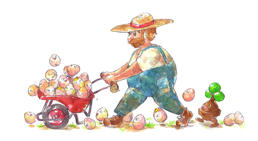 no. 017, bonsly, exeggcute, nintendo, pokemon, painting (medium), traditional media, watercolor (medium), 1boy, beard, brown hair, brown shoes, dirty, dirty clothes, facial hair, farmer, gen 1 pokemon, gen 4 pokemon, hat, overalls, pokemon (creature), shirt, shoes, short sleeves, straw hat, sun hat, sunglasses, walking, wheelbarrow, white shirt