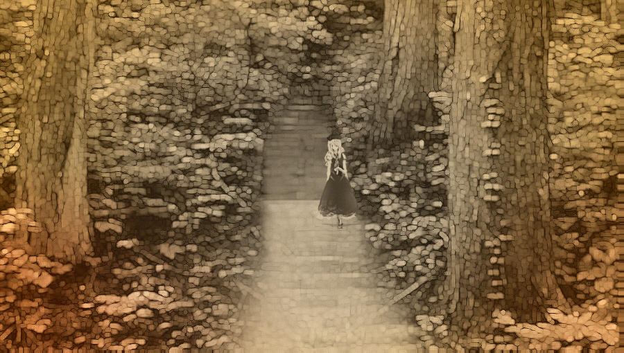 yoshioka yoshiko, kamishirasawa keine, touhou, 1girl, female focus, forest, monochrome, nature, orange theme, scenery, solo, stairs, walking