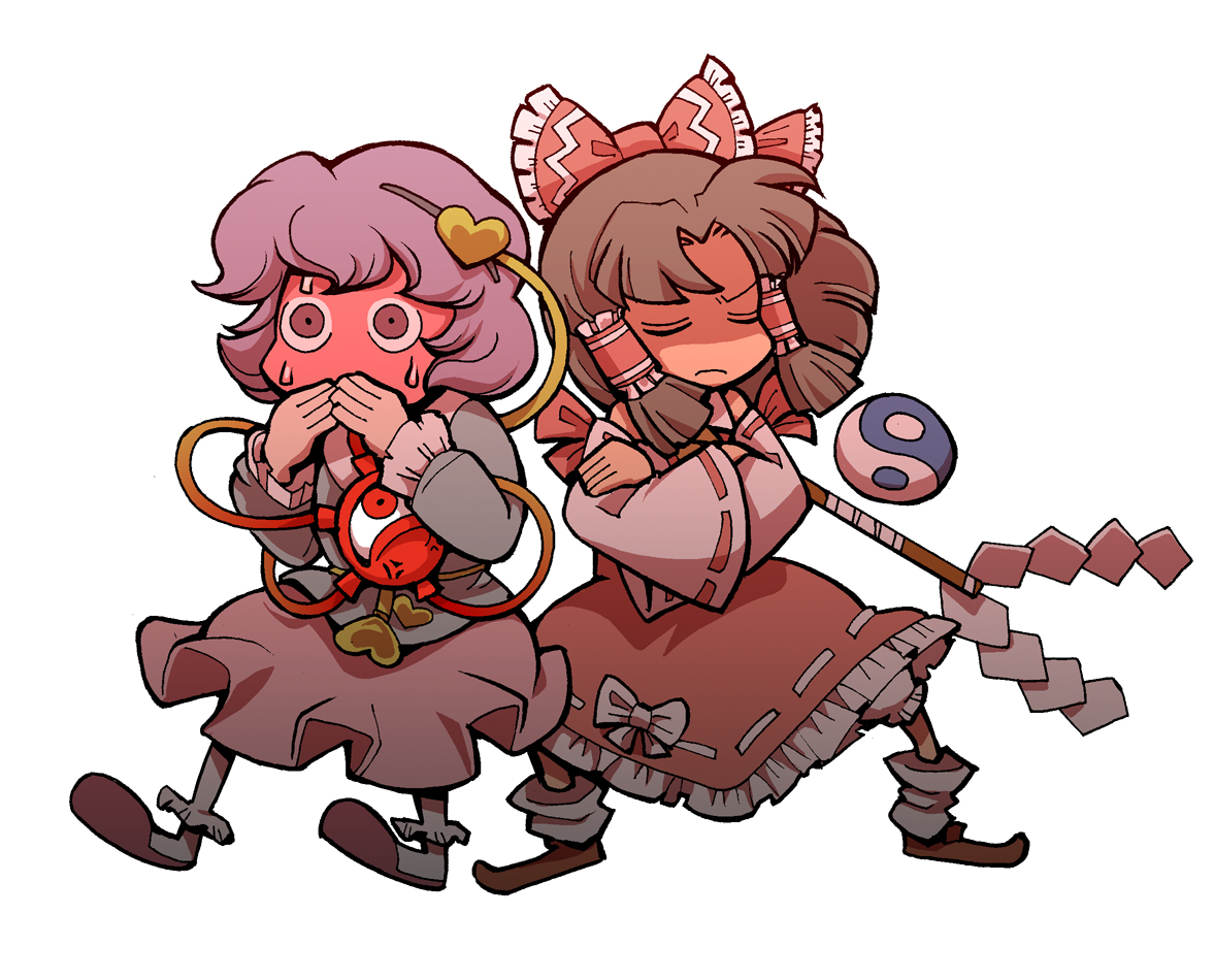 hounori, hakurei reimu, komeiji satori, touhou, bad id, bad pixiv id, 2girls, blush, chibi, closed eyes, female focus, gohei, hair ribbon, japanese clothes, miko, multiple girls, pink hair, ribbon, short hair, simple background, sweat, white background, yin yang
