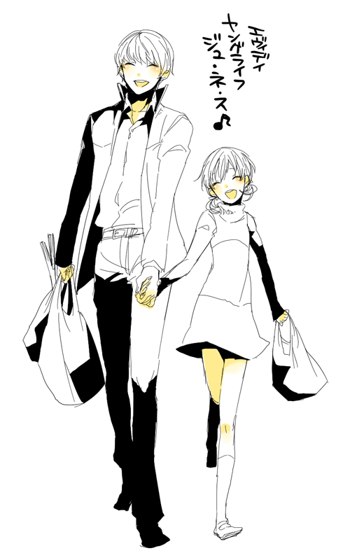 todoroki sora, doujima nanako, narukami yu, atlus, persona, persona 4, bad id, bad pixiv id, 1boy, 1girl, monochrome, spot color