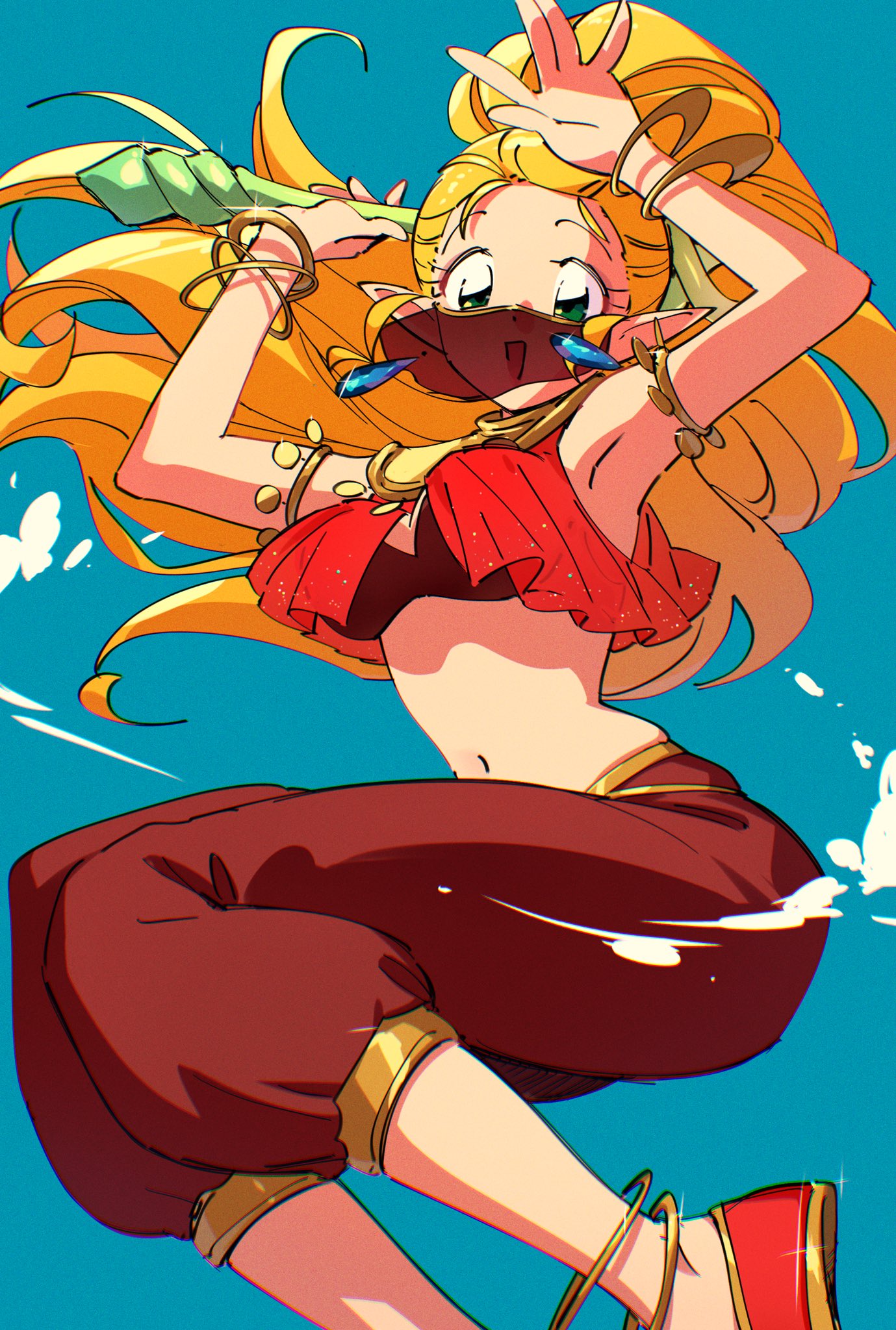 tkdnlerkdtpfsut, princess zelda, nintendo, the legend of zelda, the legend of zelda: echoes of wisdom, gold armlet, highres, armpits, arms up, bangle, black bra, blonde hair, blue background, bra, bracelet, breasts, brown pants, cleavage, crop top, dancing outfit (zelda), earrings, feet out of frame, gold trim, green eyes, harem outfit, harem pants, holding, holding staff, jewelry, long hair, looking at viewer, medium breasts, midriff, mouth veil, navel, official alternate costume, open mouth, pants, pointy ears, ponytail, red shirt, shirt, sidelocks, smile, staff, underwear, veil