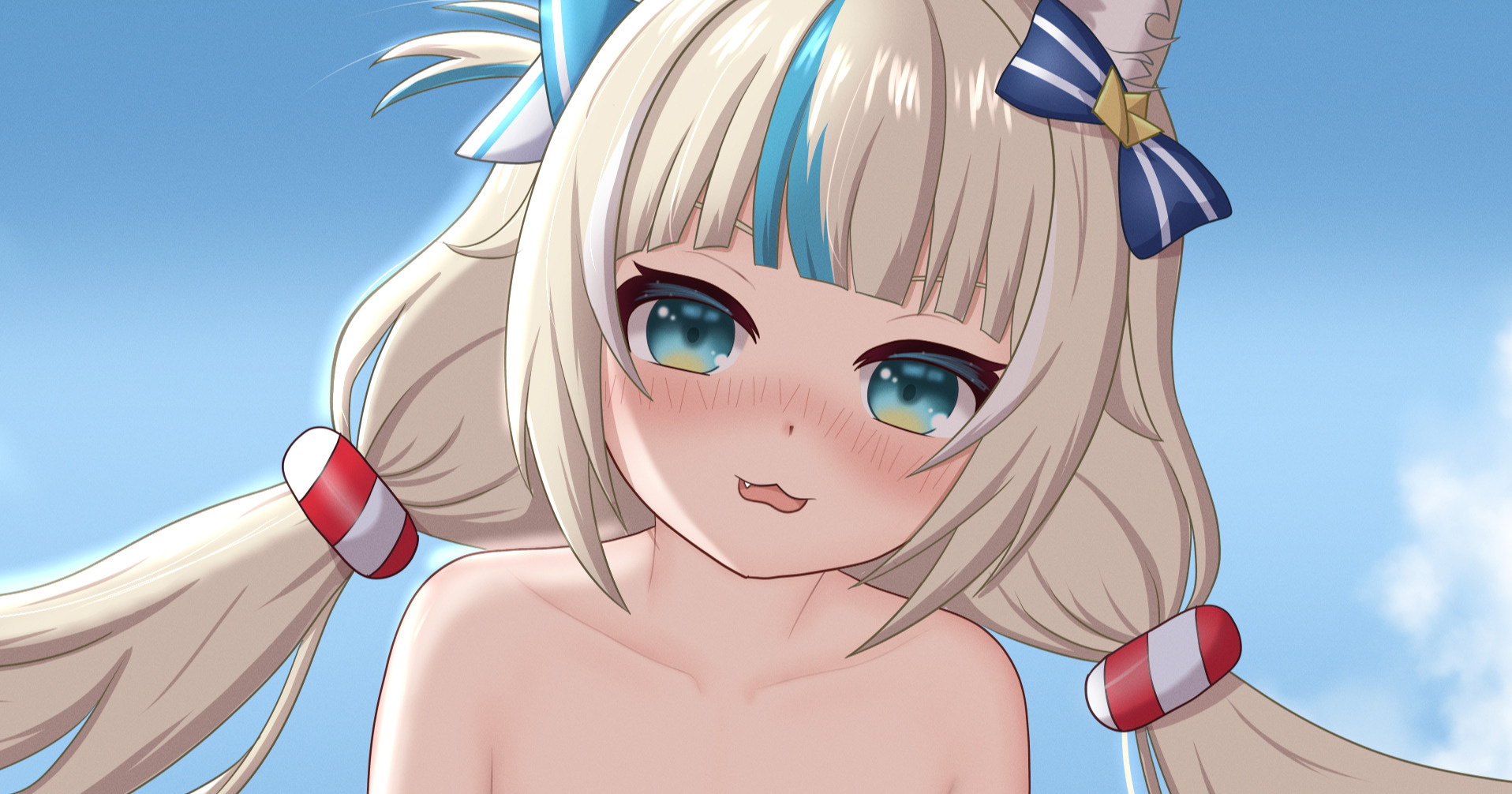 azunyart, sameko saba, indie virtual youtuber, commentary, highres, paid reward available, 1girl, blonde hair, blue eyes, blue sky, blue streaks, blush, bow, cloud, collarbone, day, dot nose, fang, hair ornament, long hair, looking at viewer, low twintails, multicolored hair, nude, open mouth, outdoors, portrait, sky, solo, streaked hair, twintails, two-tone hair, virtual youtuber