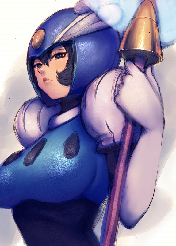 fumio (rsqkr), splash woman, capcom, mega man (classic), mega man (series), mega man 9, 1girl, android, blue eyes, blue hair, boss (video gaming), female focus, matching hair/eyes, polearm, short hair, solo, weapon