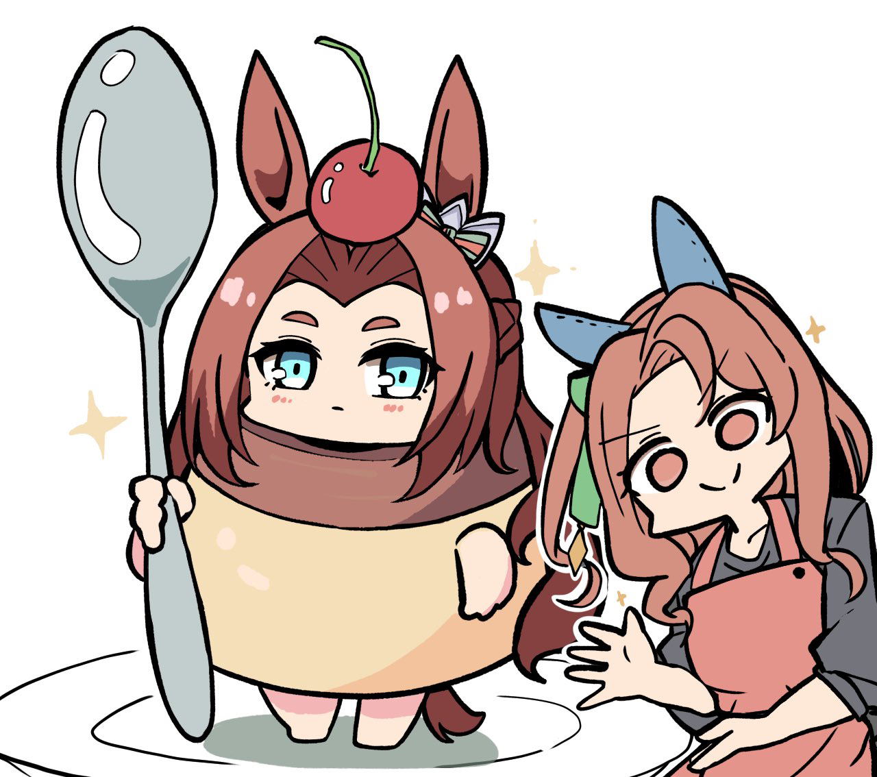 kawamochi (tddm3573), kawakami princess (umamusume), king halo (umamusume), umamusume, >:), 2girls, animal ears, apron, barefoot, black shirt, blue eyes, blush, bow, brown apron, brown eyes, brown hair, cherry, chibi, closed mouth, ear bow, food, forehead, fruit, green bow, holding, holding spoon, horse ears, horse girl, horse tail, long hair, long sleeves, multiple girls, one side up, parted bangs, plate, pudding, puffy long sleeves, puffy sleeves, shirt, short eyebrows, simple background, smile, sparkle, spoon, standing, tail, thick eyebrows, v-shaped eyebrows, white background