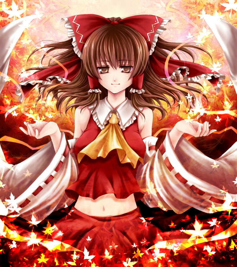 hagiwara rin, hakurei reimu, touhou, bad id, bad pixiv id, 1girl, bare shoulders, bow, breasts, brown eyes, brown hair, detached sleeves, female focus, hair bow, hair tubes, japanese clothes, leaf, light smile, maple leaf, midriff, miko, navel, ribbon, solo, wide sleeves
