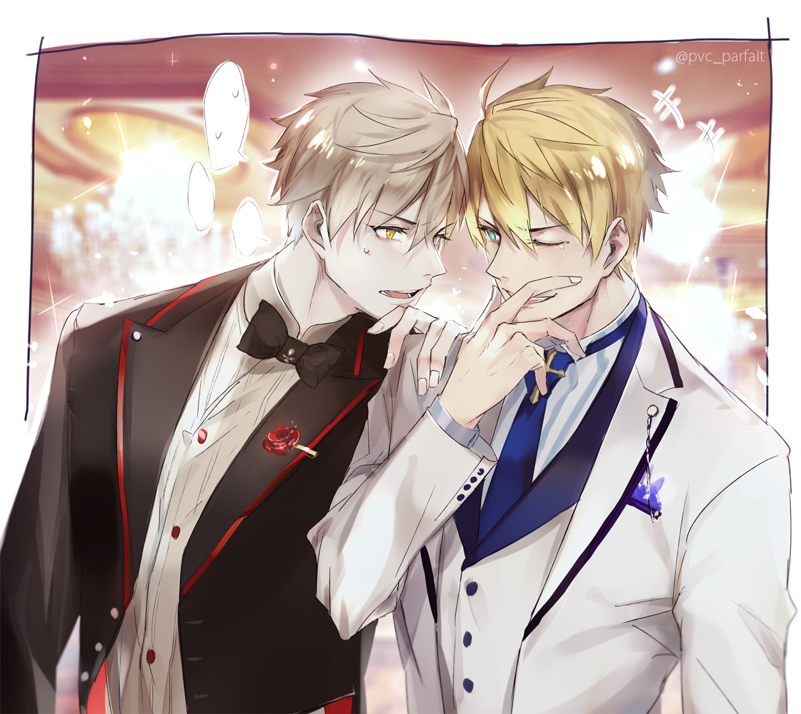 pvc parfait, arthur pendragon (fate), arthur pendragon alter (fate), fate/grand order, fate (series), 2boys, artist name, black bow, black bowtie, black jacket, blank speech bubble, blonde hair, blue eyes, blue necktie, blurry, blurry background, border, bow, bowtie, breast pocket, buttons, chandelier, dual persona, fang, fingernails, formal clothes, grey hair, hair between eyes, hallway, hand on another's shoulder, hand on own face, hand up, indoors, jacket, lapels, long sleeves, looking at another, male focus, multiple boys, necktie, one eye closed, open clothes, open jacket, open mouth, outside border, pocket, rose pin, shirt, short hair, smile, sparkle, speech bubble, striped clothes, striped shirt, suit, suit jacket, sweatdrop, tearing up, teeth, upper body, vest, white border, white jacket, white shirt, white vest, yellow eyes