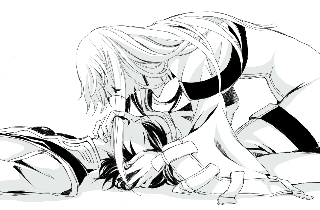 jini, c.c., lelouch vi britannia, code geass, bad id, bad pixiv id, 00s, 1boy, 1girl, black hair, closed eyes, greyscale, long hair, lying, monochrome, short hair, strap