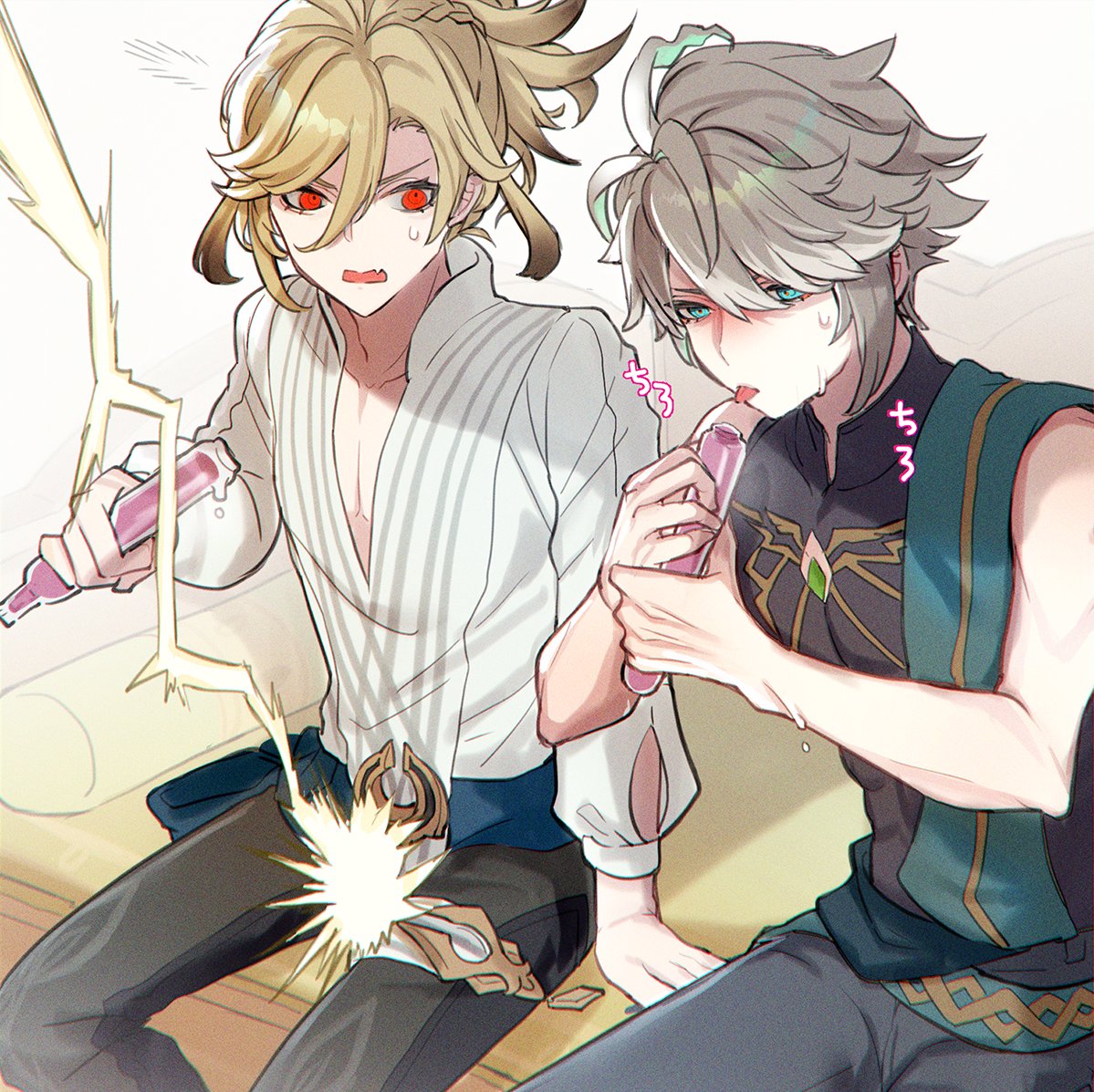 iru gnsn, alhaitham (genshin impact), kaveh (genshin impact), genshin impact, commentary request, 2boys, :p, antenna hair, arm support, black pants, black shirt, blonde hair, blue sash, braid, chest jewel, closed mouth, collarbone, couch, food, gem, green eyes, green gemstone, green hair, grey hair, hair between eyes, hand up, hands up, high ponytail, holding, holding food, lightning crotch (meme), long hair, long sleeves, looking at another, looking to the side, male focus, meme, multicolored hair, multiple boys, on couch, open mouth, pants, parted bangs, pectoral cleavage, pectorals, ponytail, red eyes, sash, shirt, short hair, single braid, sitting, sleeveless, sleeveless shirt, sweatdrop, swept bangs, tongue, tongue out, tupet, v-shaped eyebrows, white shirt