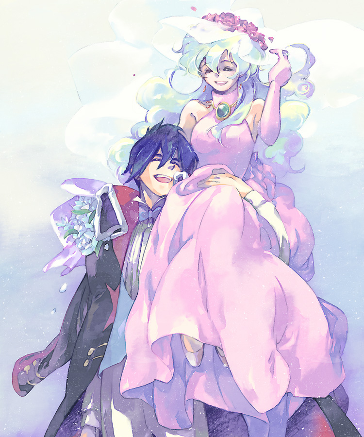 akutsu (yuumi), nia teppelin, simon (ttgl), tengen toppa gurren lagann, 00s, 1boy, 1girl, blue hair, bouquet, bridal veil, bride, coat, couple, curly hair, dress, flower, happy, hetero, husband and wife, jewelry, multicolored hair, ring, short hair, smile, trench coat, tuxedo, veil, wedding, wedding band, wedding dress, wedding ring