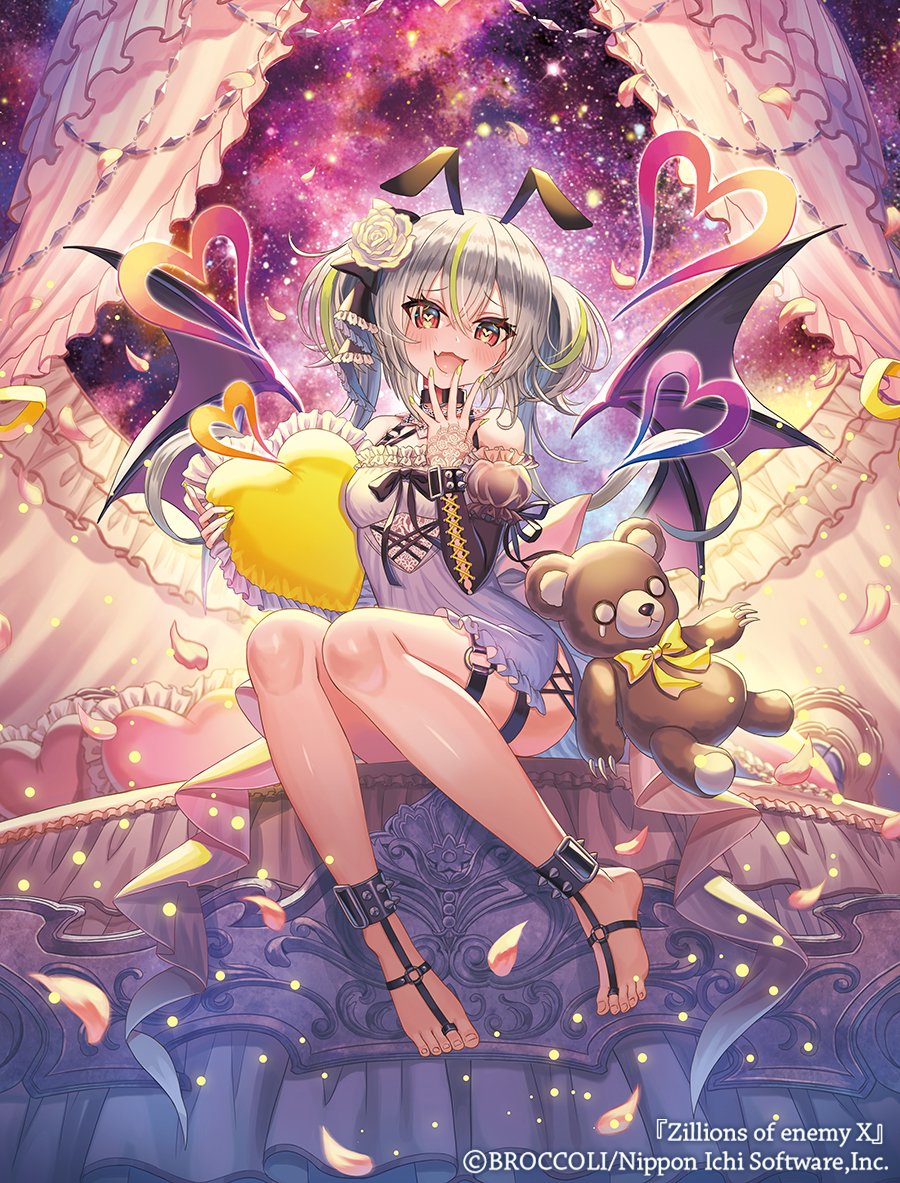 madopen, z/x, official art, 1girl, animal ears, bare shoulders, blonde hair, bracelet, copyright notice, cushion, demon wings, detached sleeves, dress, fang, flower, frilled dress, frills, grey hair, hair flower, hair ornament, hastur (z/x), heart, heart-shaped pupils, holding cushion, jewelry, multicolored hair, open mouth, orange eyes, petals, rabbit ears, sitting, solo, spiked bracelet, spikes, symbol-shaped pupils, thigh strap, two side up, white dress, wings, yellow nails