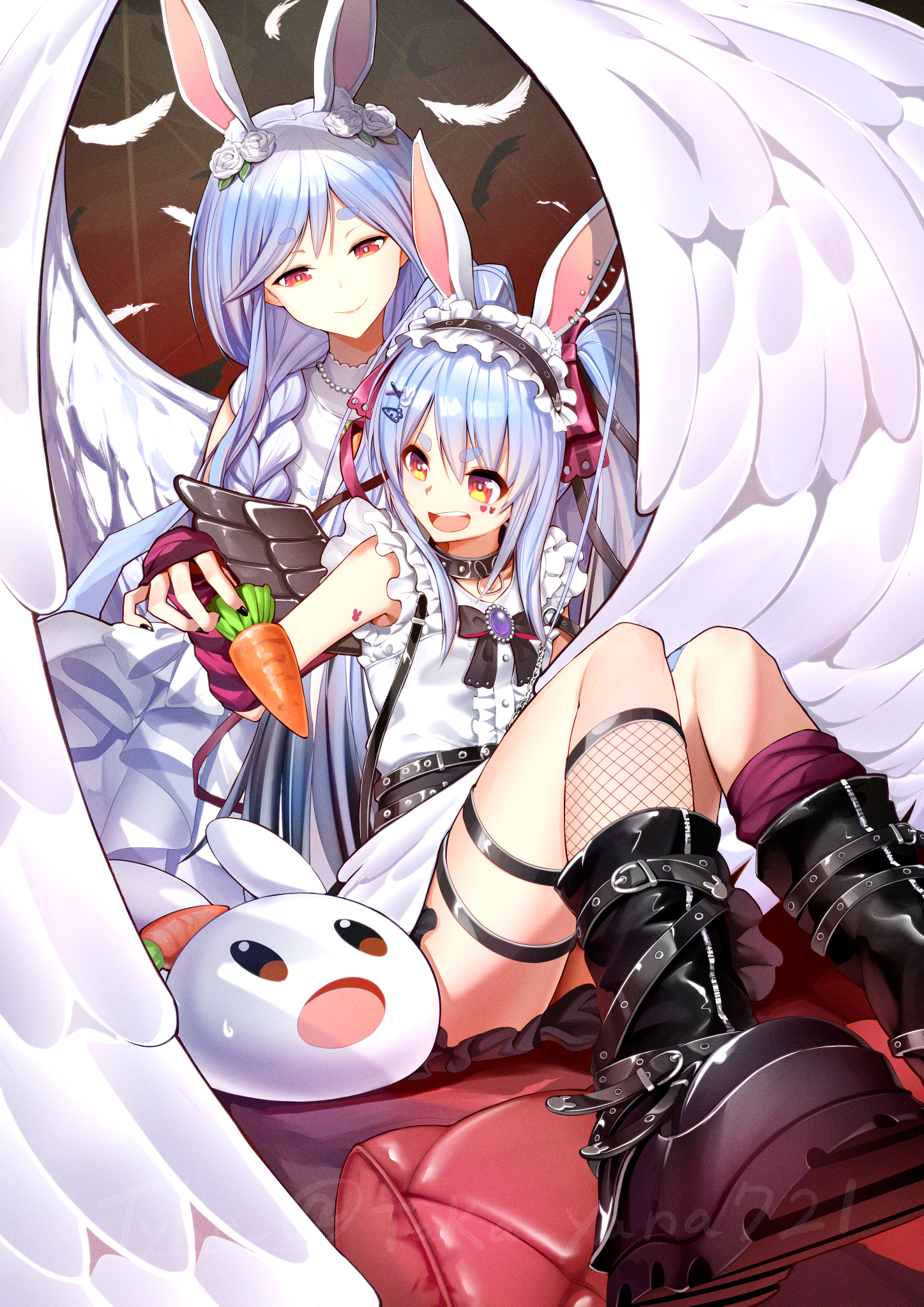 taka.yana, pekomama, pekomon (usada pekora), usada pekora, hololive, highres, 2girls, angel, angel wings, animal ears, black boots, black choker, black nails, blue hair, boots, braid, braided ponytail, carrot, carrot hair ornament, choker, closed mouth, dress, fishnet socks, fishnets, food-themed hair ornament, hair ornament, hairpin, holding, holding carrot, looking at another, looking back, mother and daughter, multicolored hair, multiple girls, nail polish, open mouth, orange eyes, pekomama (2nd costume), rabbit-shaped pupils, rabbit ears, rabbit girl, red arm warmers, shirt, short eyebrows, smile, socks, symbol-shaped pupils, thigh strap, two-tone hair, usada pekora (11th costume), virtual youtuber, white dress, white hair, white shirt, wings, x hair ornament