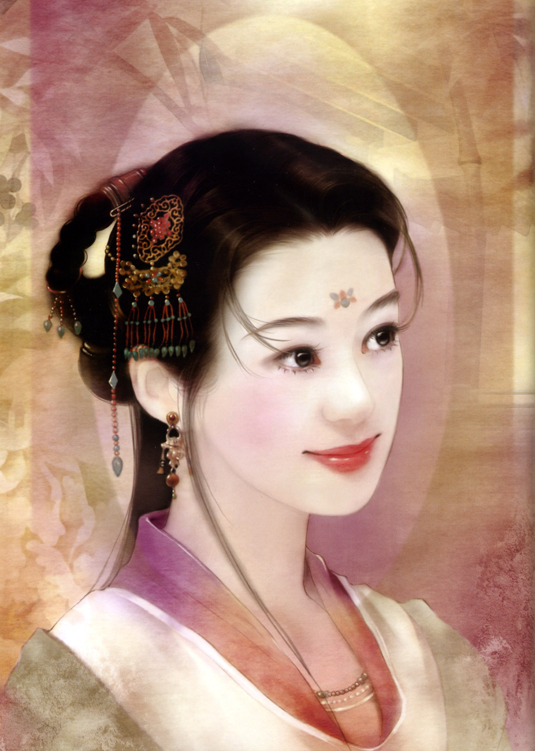 der jen, highres, black eyes, black hair, braid, earrings, hair ornament, jewelry, long hair, necklace, realistic, smile, solo