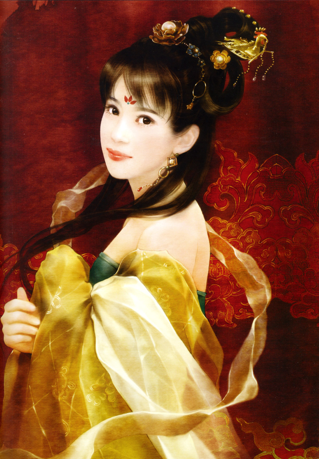 der jen, highres, black eyes, brown hair, earrings, hair ornament, jewelry, long hair, realistic, smile, solo
