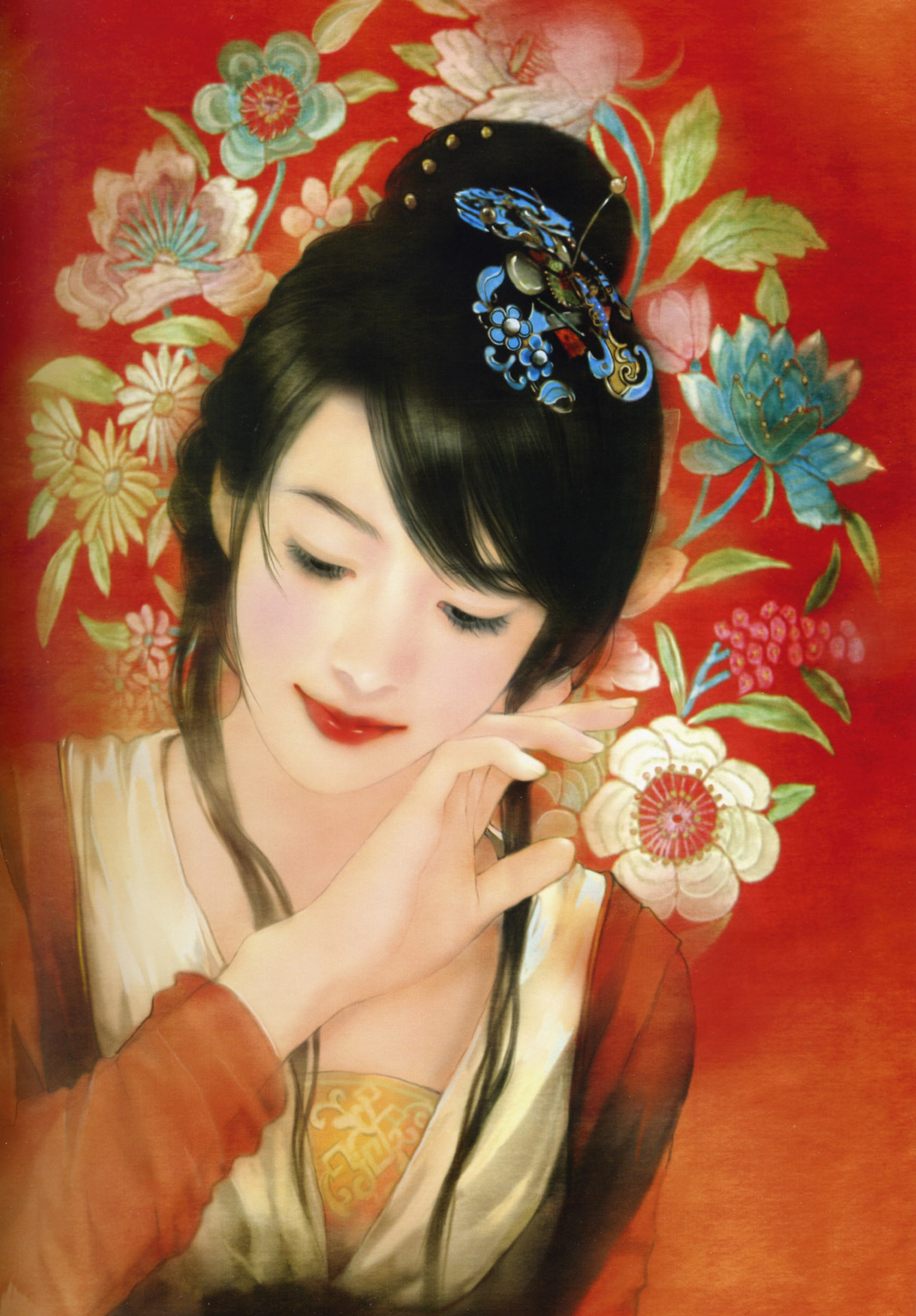 der jen, highres, black hair, flower, hair ornament, long hair, realistic, smile, solo