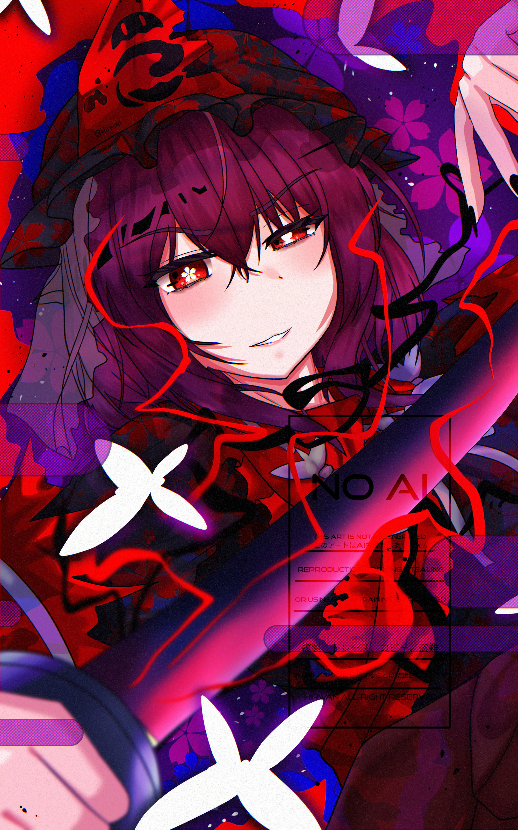 hirwannew, saigyouji yuyuko, perfect cherry blossom, touhou, absurdres, highres, alternate form, black hat, black kimono, frilled kimono, frills, glowing, glowing eyes, hat, hitodama, holding, holding sword, holding weapon, japanese clothes, kimono, mob cap, sword, symbol-shaped pupils, triangular headpiece, weapon