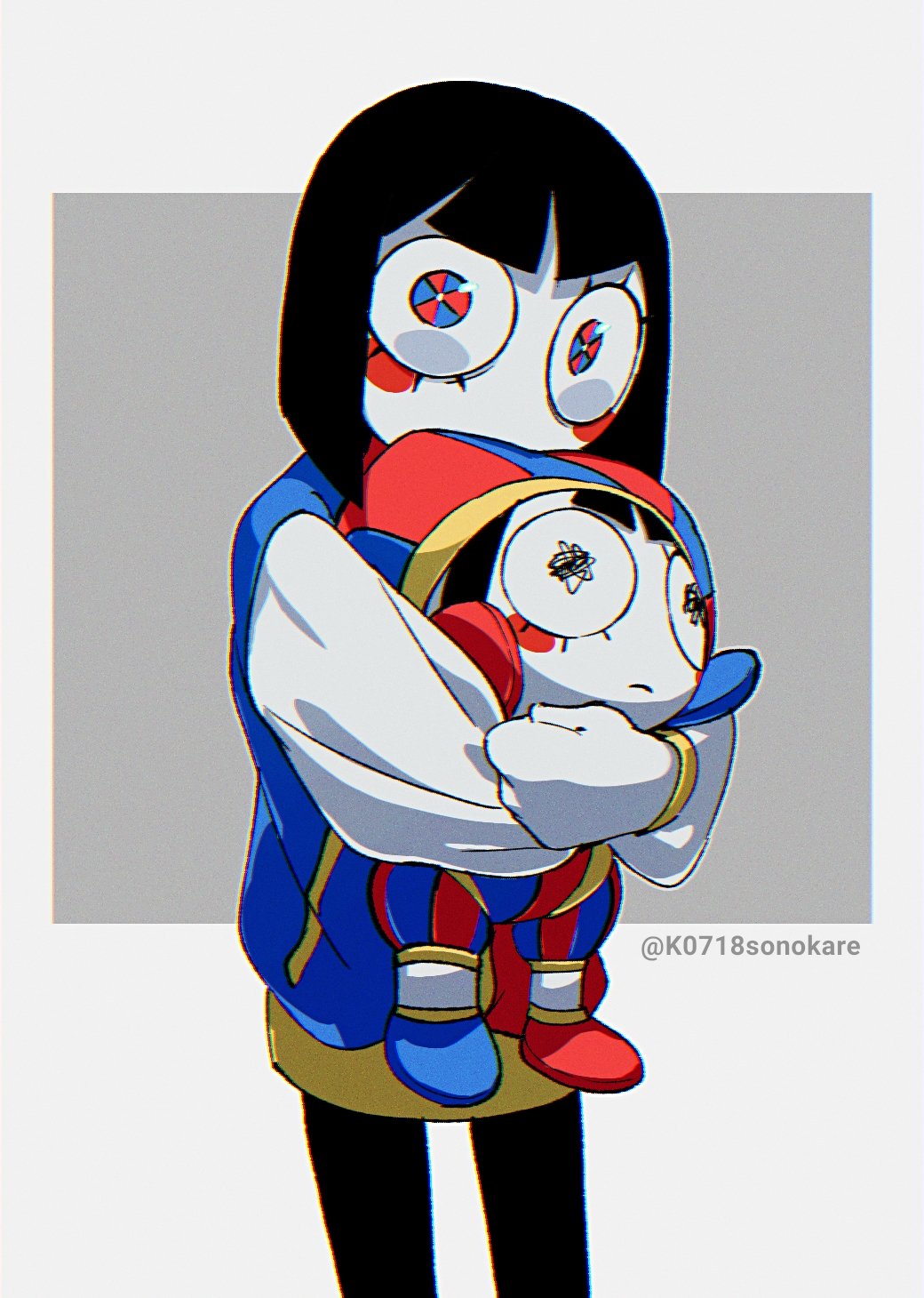 sonokare, pomni (the amazing digital circus), the amazing digital circus, bad id, bad twitter id, highres, inactive account, 1girl, alternate universe, black hair, black pants, blue eyes, blue jacket, blunt bangs, blunt ends, bob cut, border, bright pupils, character doll, chromatic aberration, circle facial mark, colored skin, covered mouth, doll, film grain, grey background, holding, holding doll, inverted bob, jacket, long sleeves, multicolored eyes, outline, outside border, pants, puffy long sleeves, puffy sleeves, raglan sleeves, red eyes, red jacket, short hair, simple background, solo, standing, twitter username, two-tone eyes, white border, white jacket, white outline, white pupils, white skin