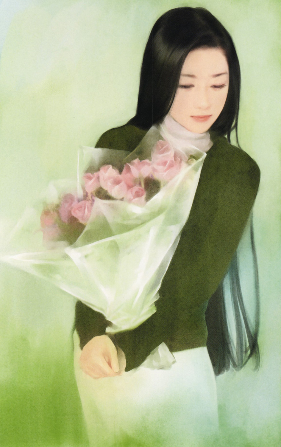 chen shu fen, highres, 1girl, black hair, closed eyes, female focus, flower, green shirt, long hair, long sleeves, realistic, shirt, solo, sweater, turtleneck