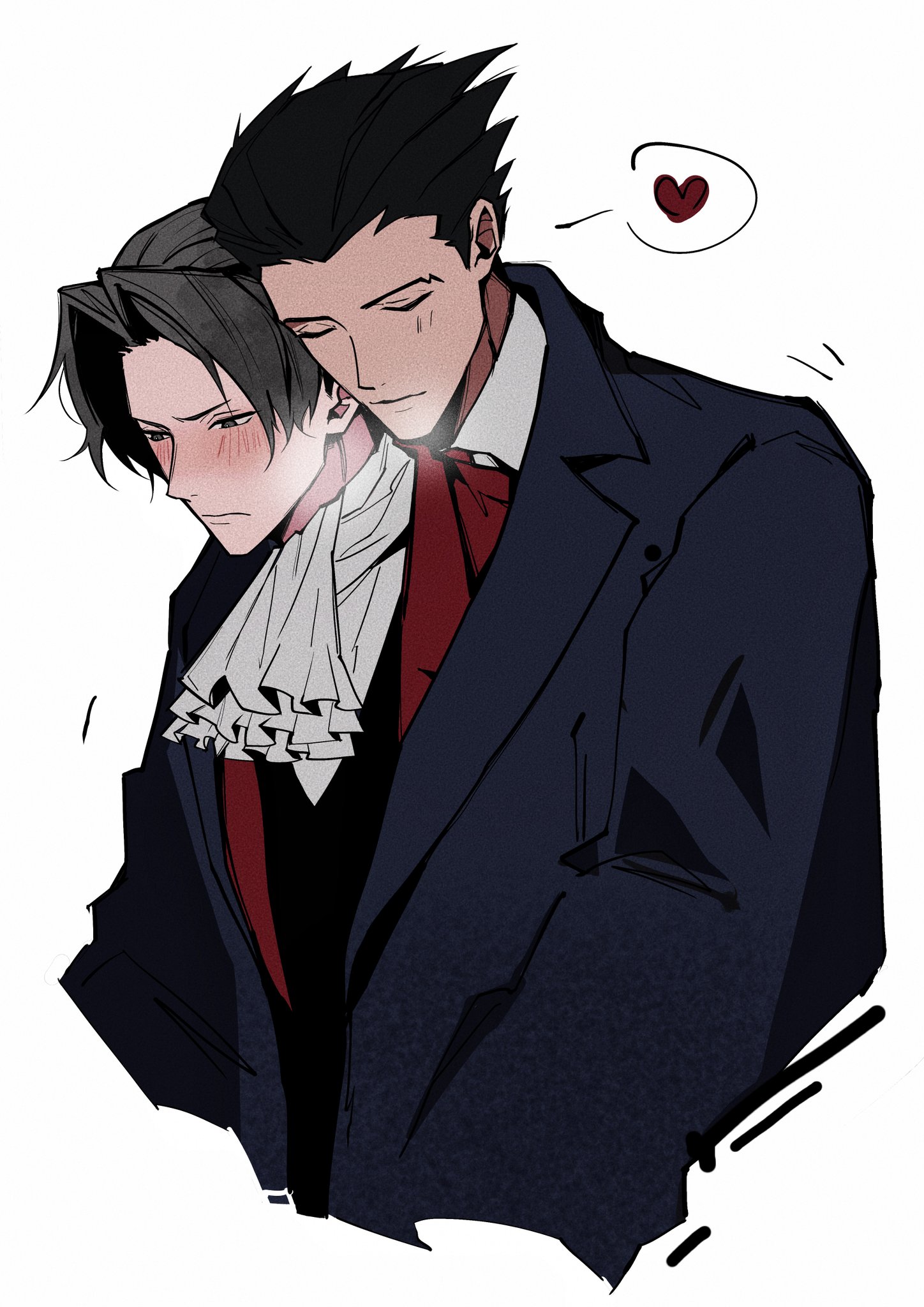 c138300, miles edgeworth, phoenix wright, ace attorney, phoenix wright: ace attorney, highres, 2boys, ascot, black hair, blue jacket, blush, closed eyes, cropped torso, grey hair, heart, jacket, male focus, multiple boys, red jacket, short hair, simple background, spiked hair, spoken heart, upper body, white ascot, white background, yaoi